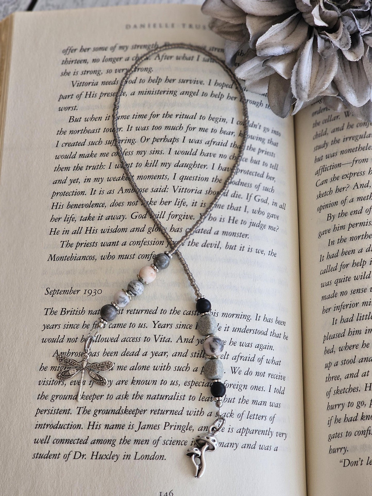 Pink Zebra Jasper Bookmark, Mushroom and Dragonfly Reader Gift