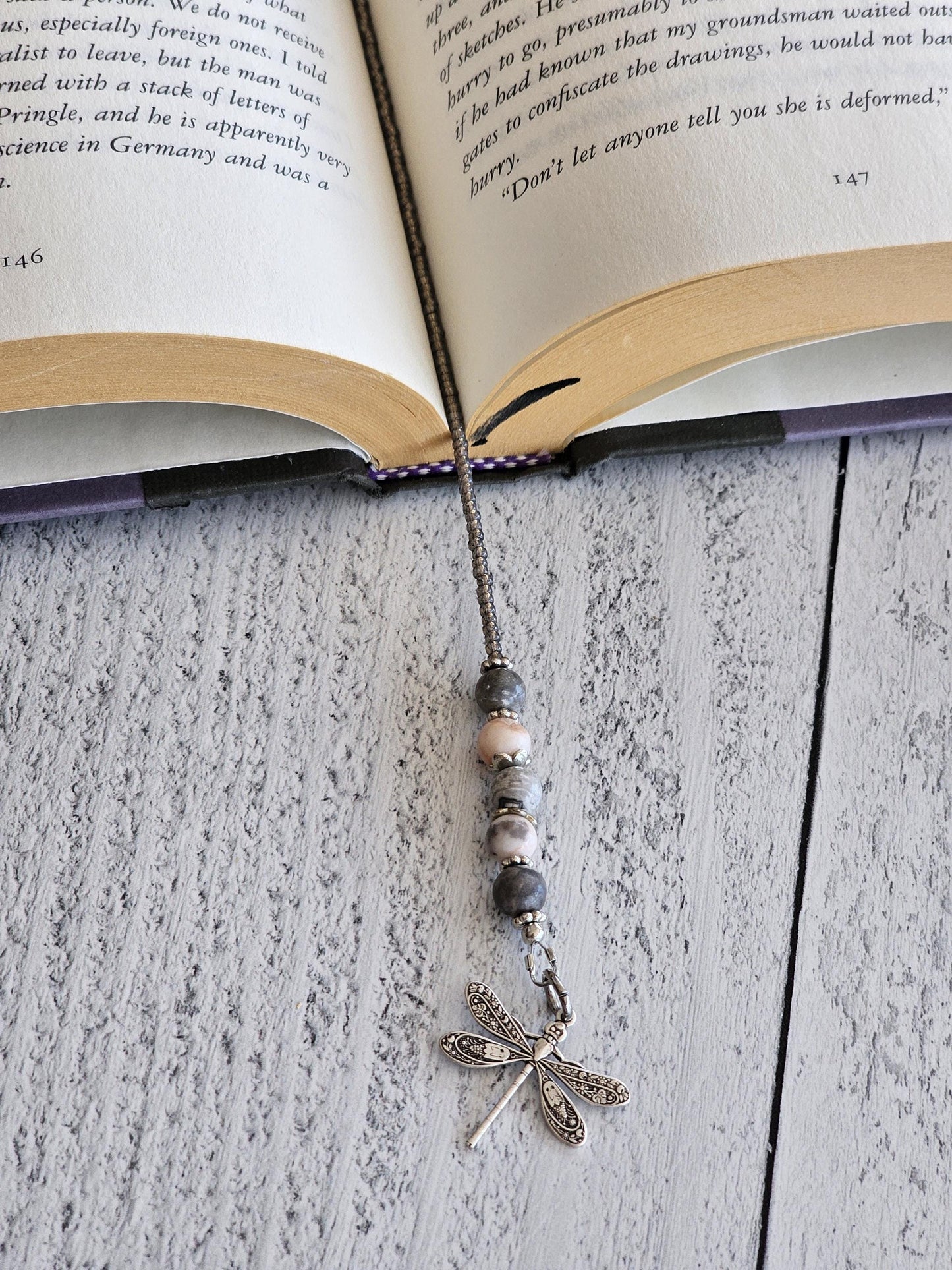 Pink Zebra Jasper Bookmark, Mushroom and Dragonfly Reader Gift