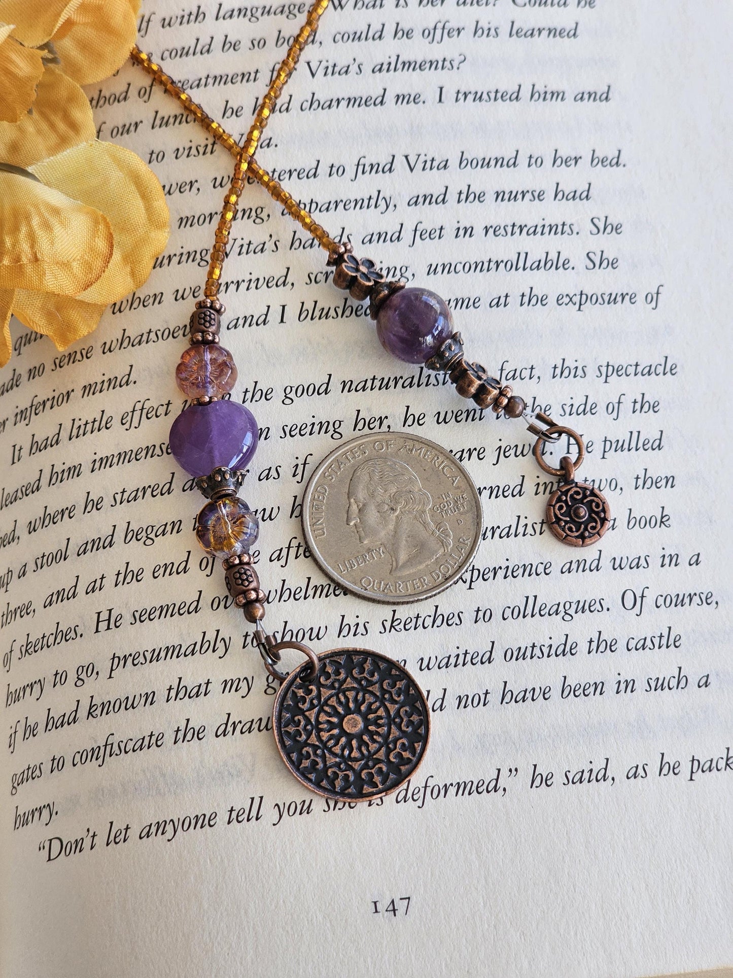 Genuine Amethyst Heart Bookmark, Gemstone Boho Book Thong