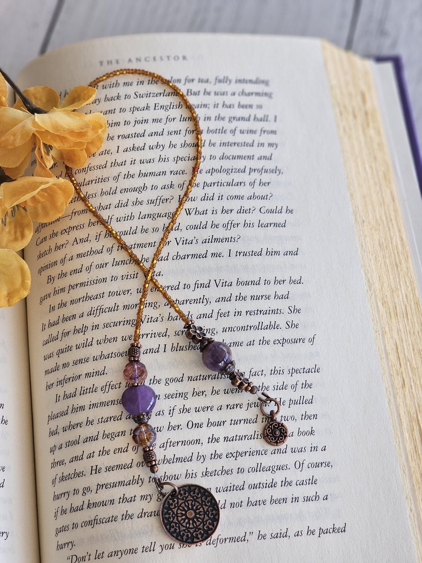 Genuine Amethyst Heart Bookmark, Gemstone Boho Book Thong