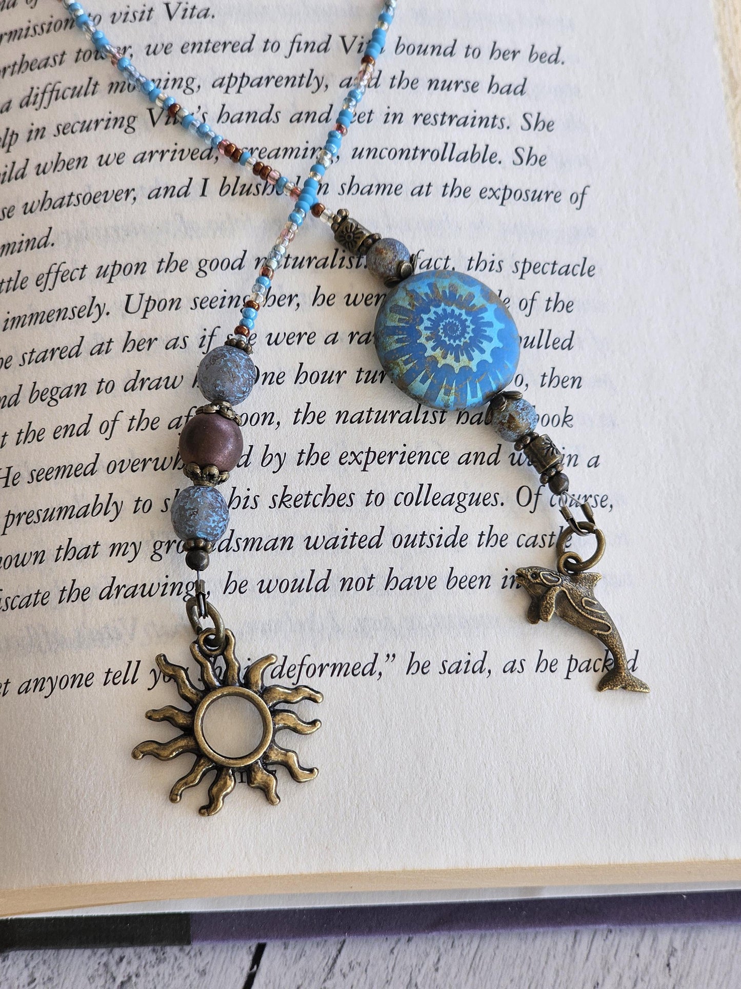 Glass Beaded Ammonite Bookmark, Ancient Ocean Book Thong Reader Gift