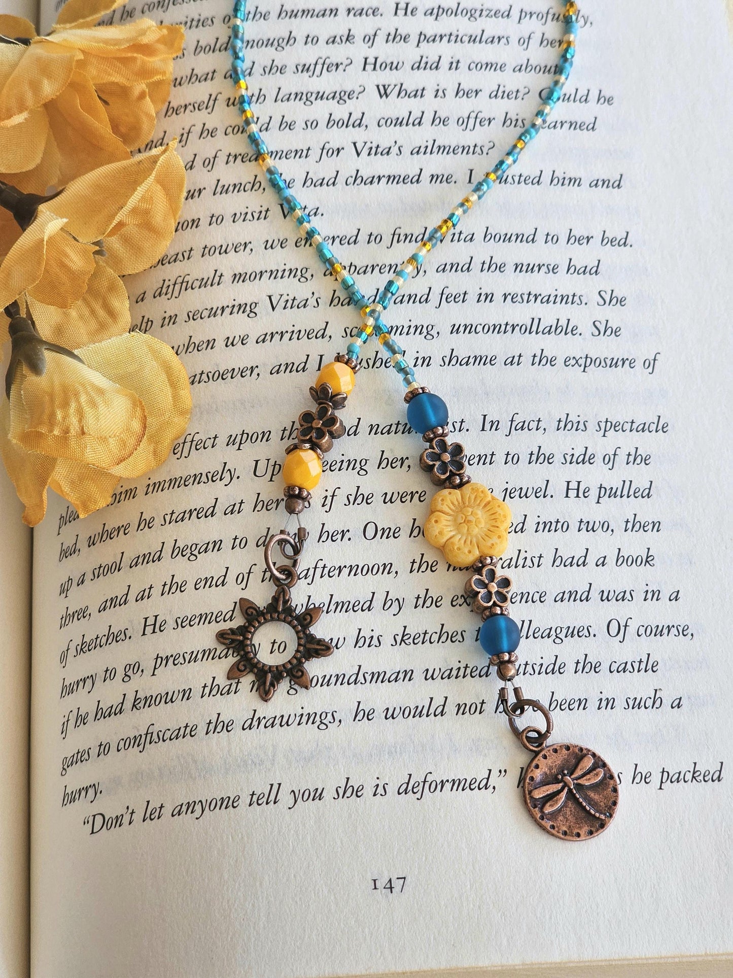 Summer Theme Bookmark, Sun and Dragonfly Book Thong