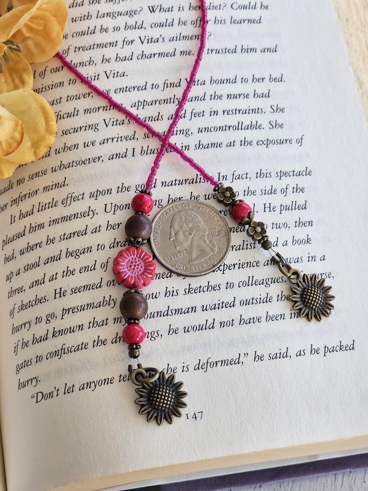 Pink Sunflower Beaded Bookmark, Flower Bookmarker