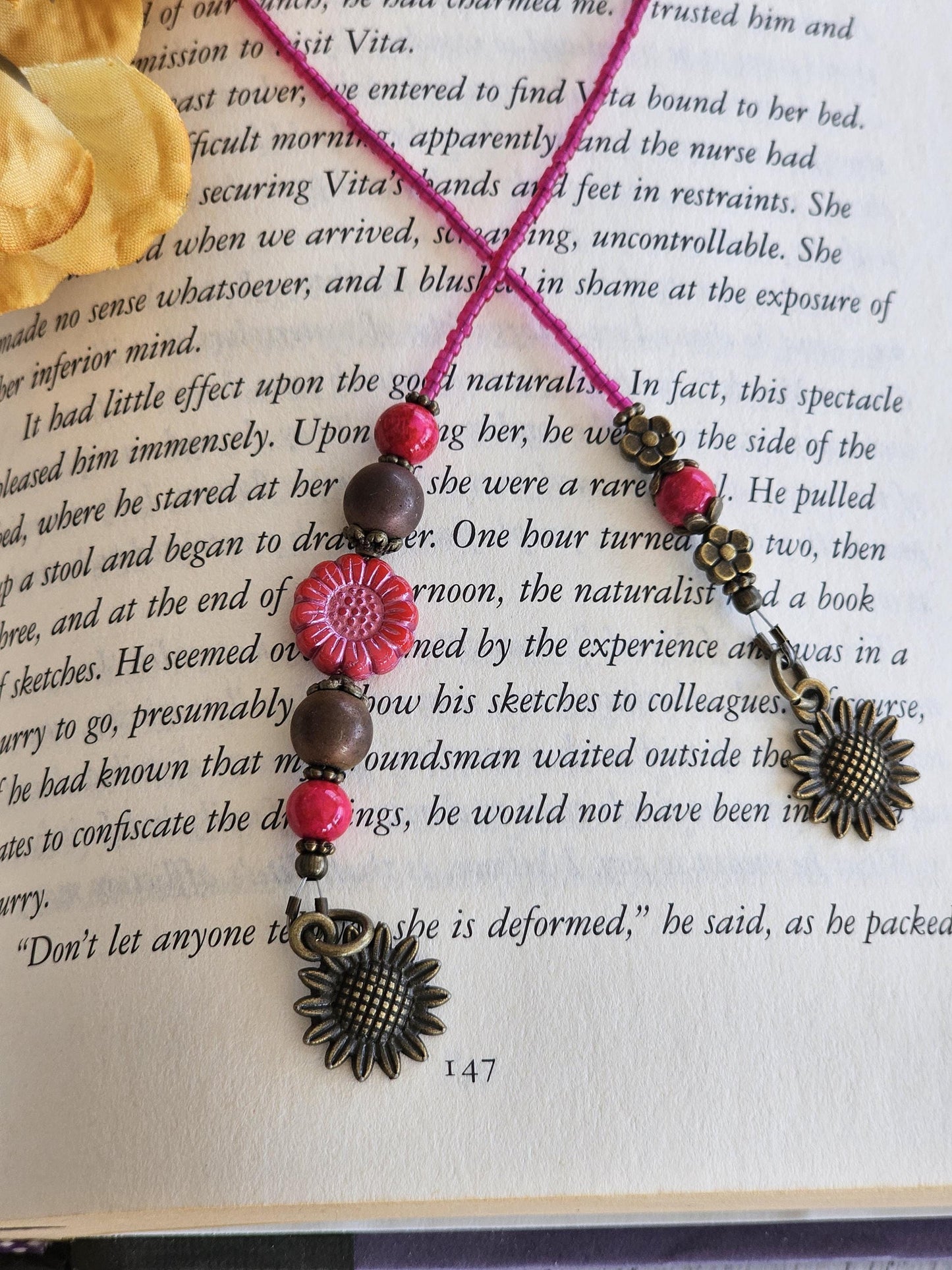 Pink Sunflower Beaded Bookmark, Flower Bookmarker