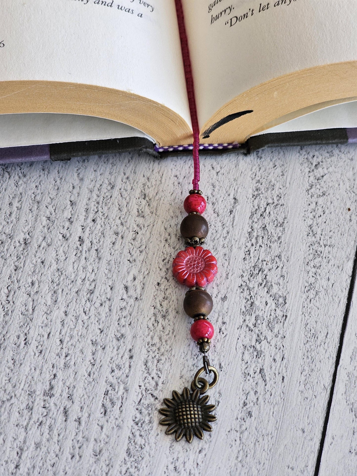 Pink Sunflower Beaded Bookmark, Flower Bookmarker