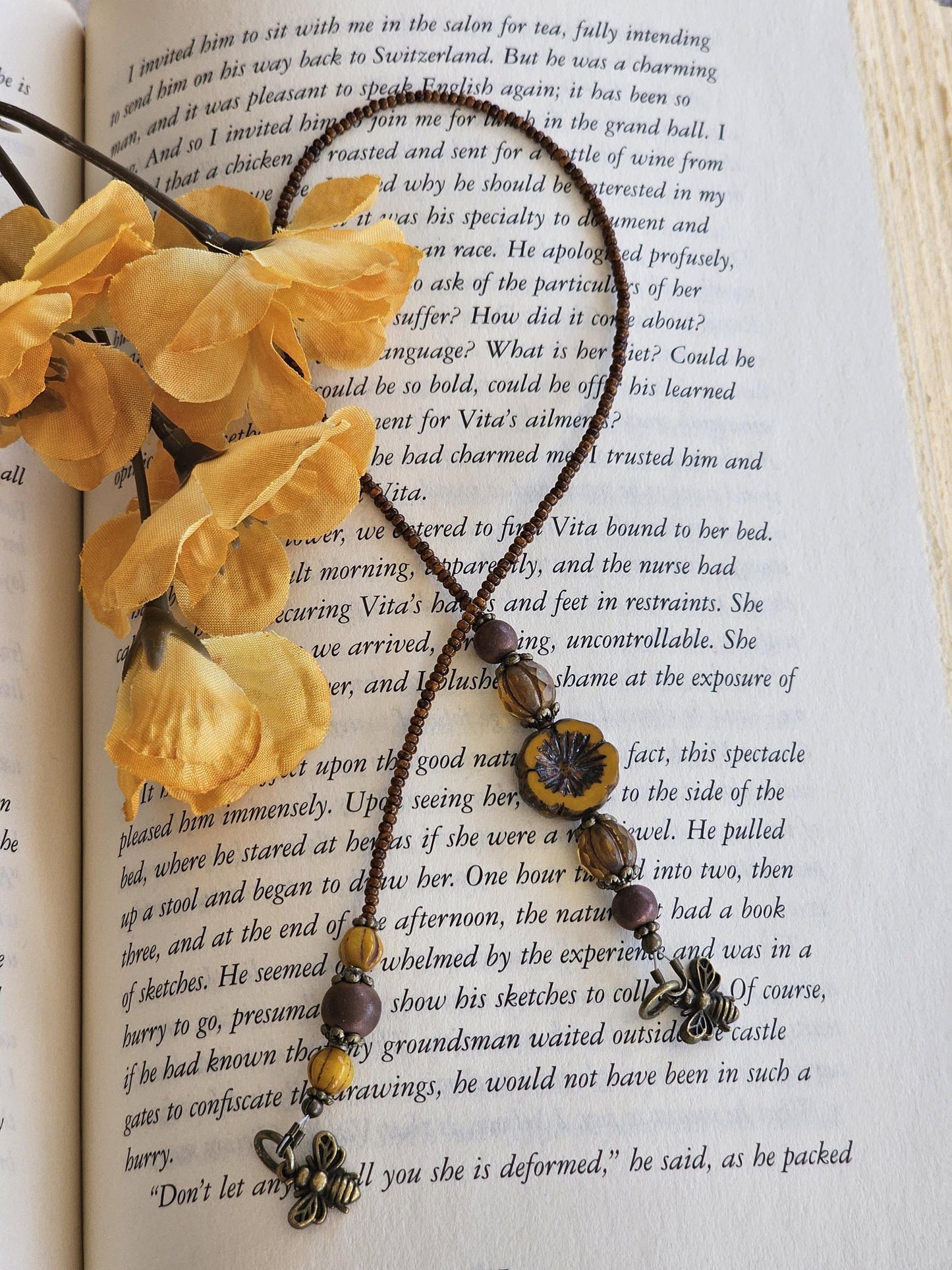 Bee Theme Bookmark Features Czech Flower Bead