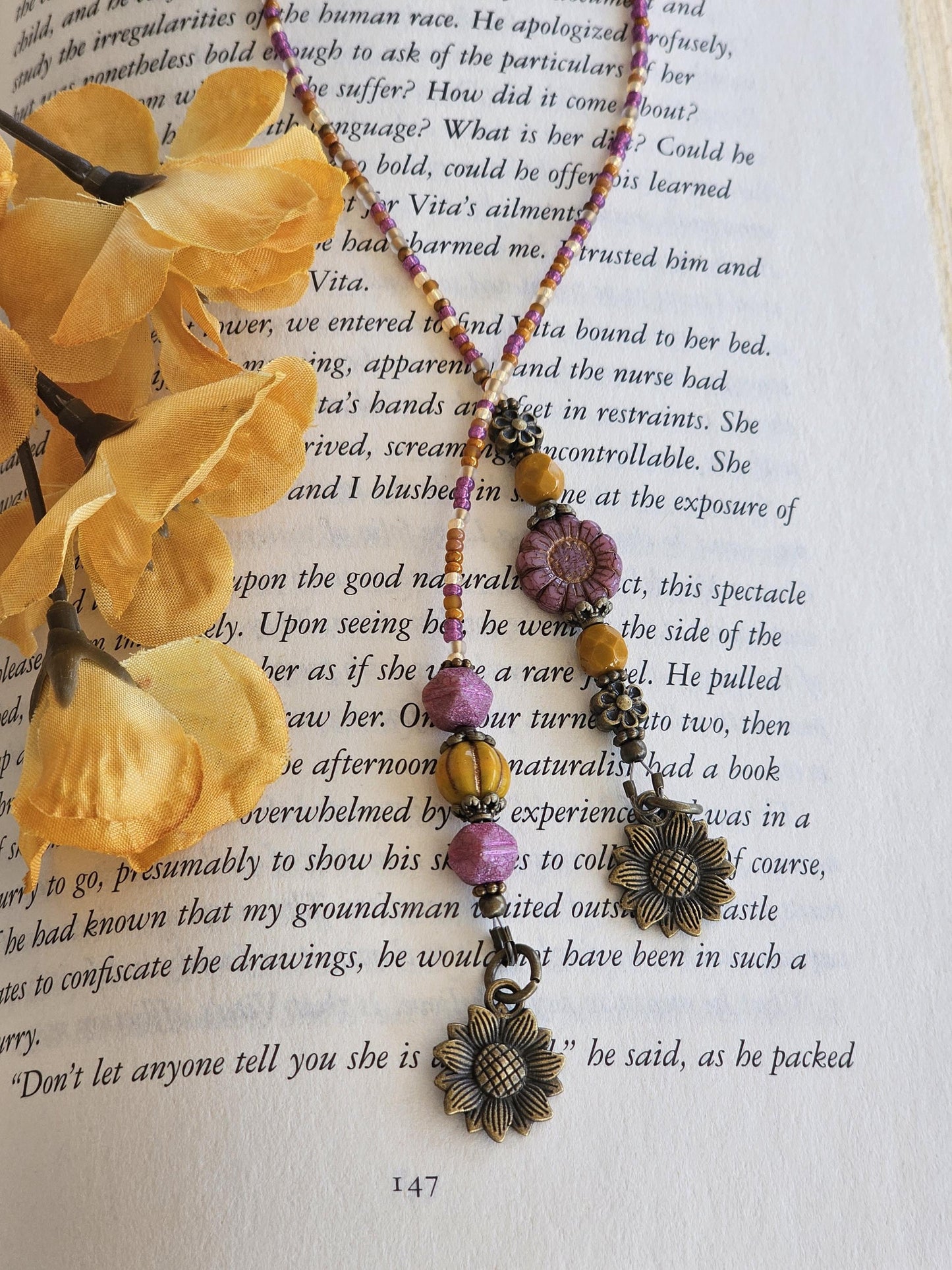 Sunflower Bookmark in Pink and Mustard, Great Reader Gift