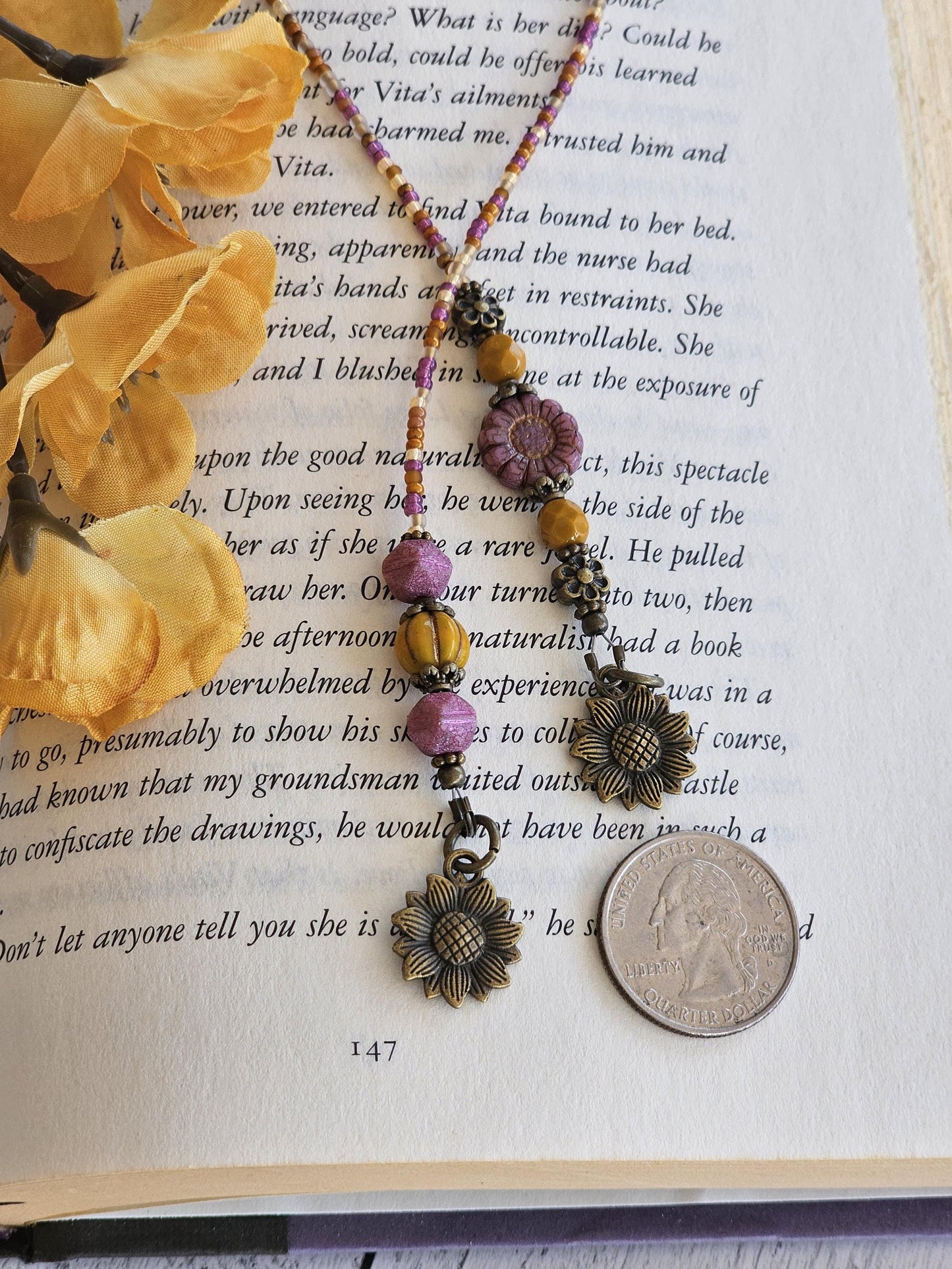 Sunflower Bookmark in Pink and Mustard, Great Reader Gift