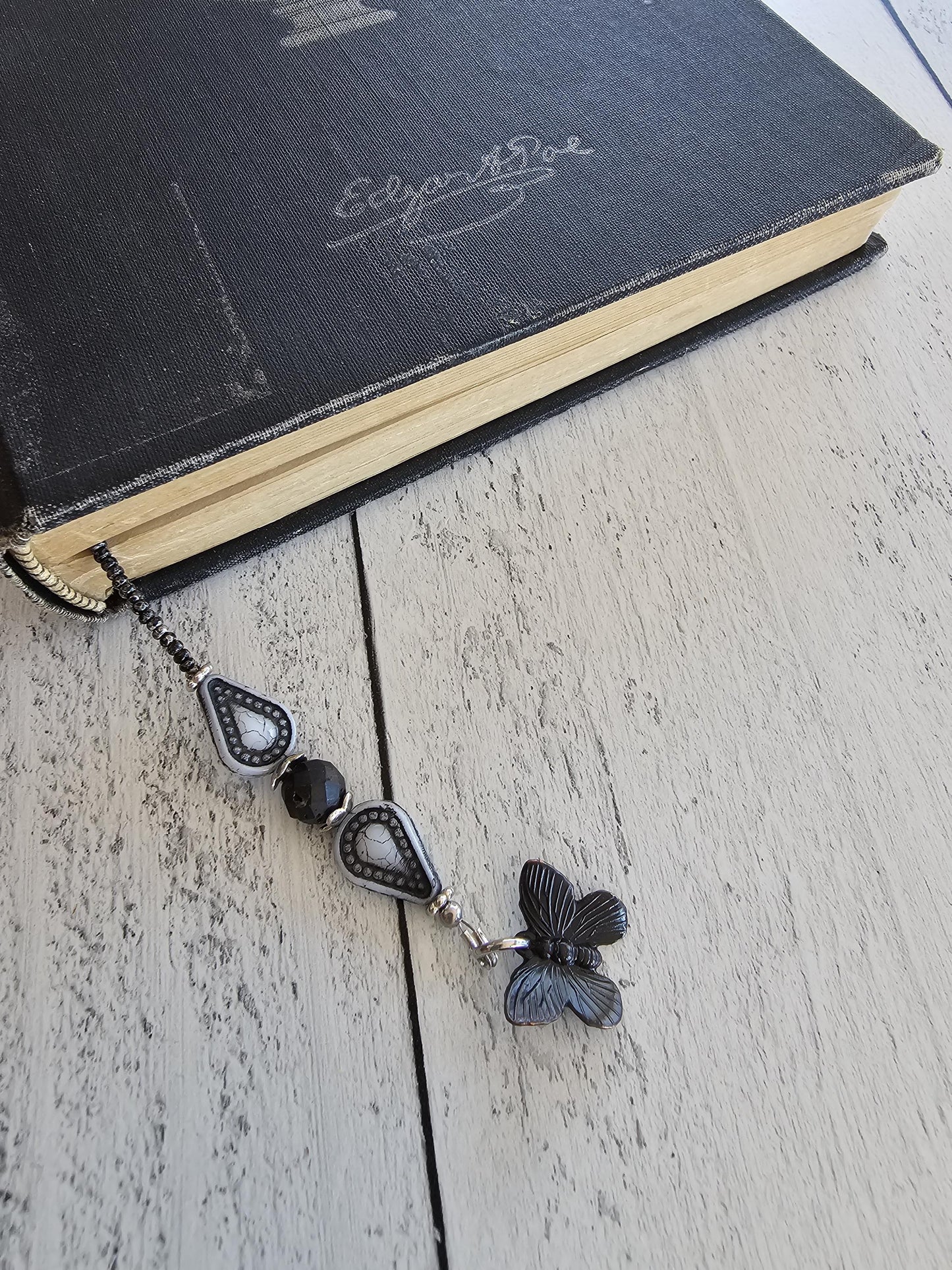 Dark Nature Bookmark, Black Butterfly Beaded Book Marker