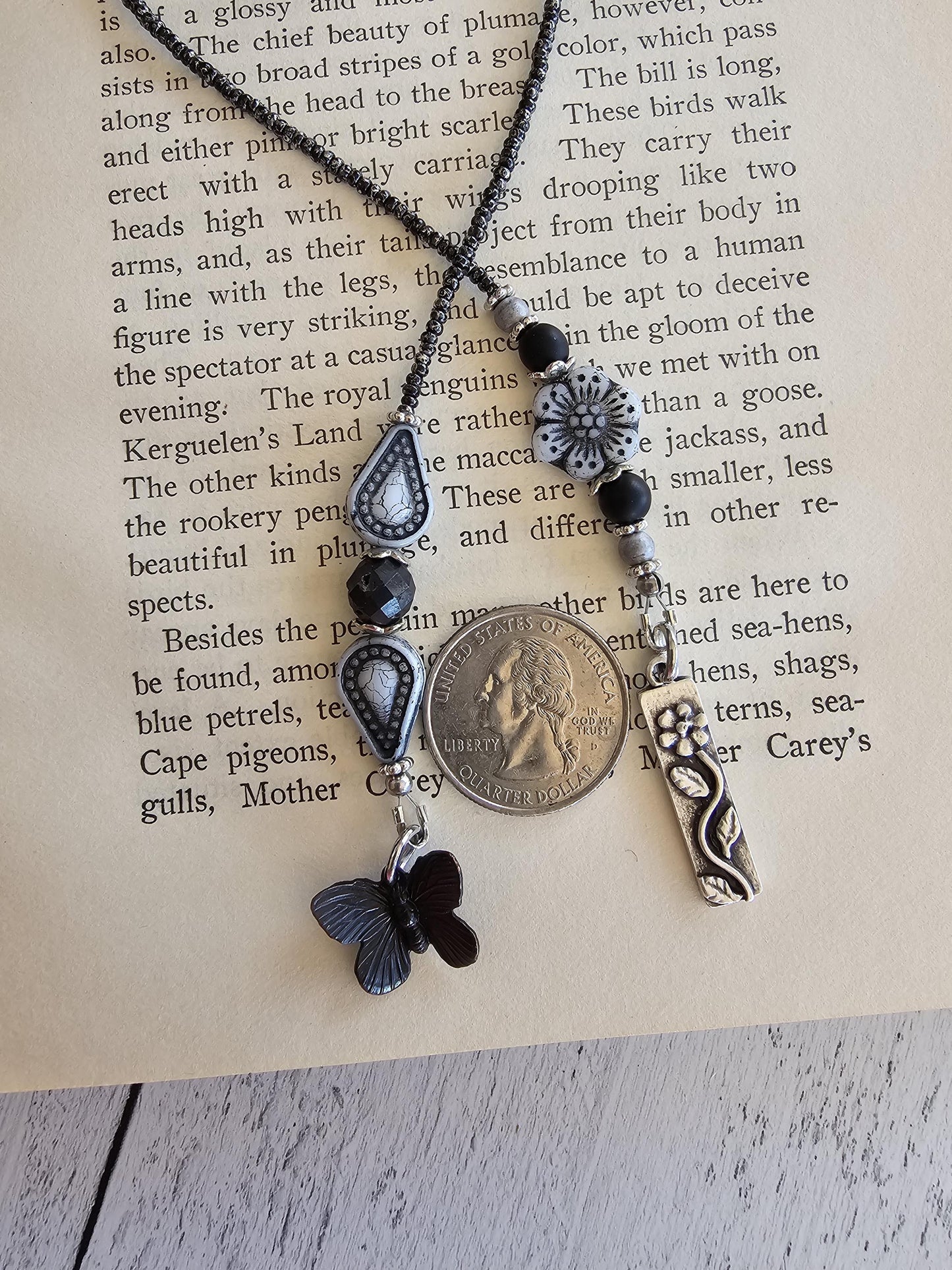 Dark Nature Bookmark, Black Butterfly Beaded Book Marker