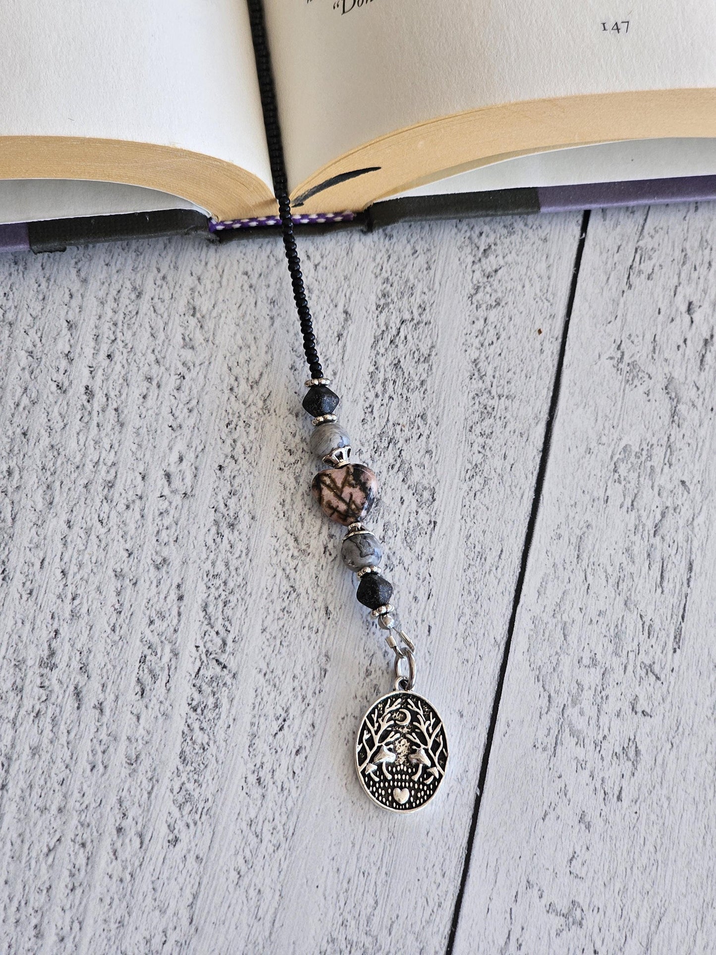 Rhodonite Heart Bookmark, Dark Mushroom Reader Gift