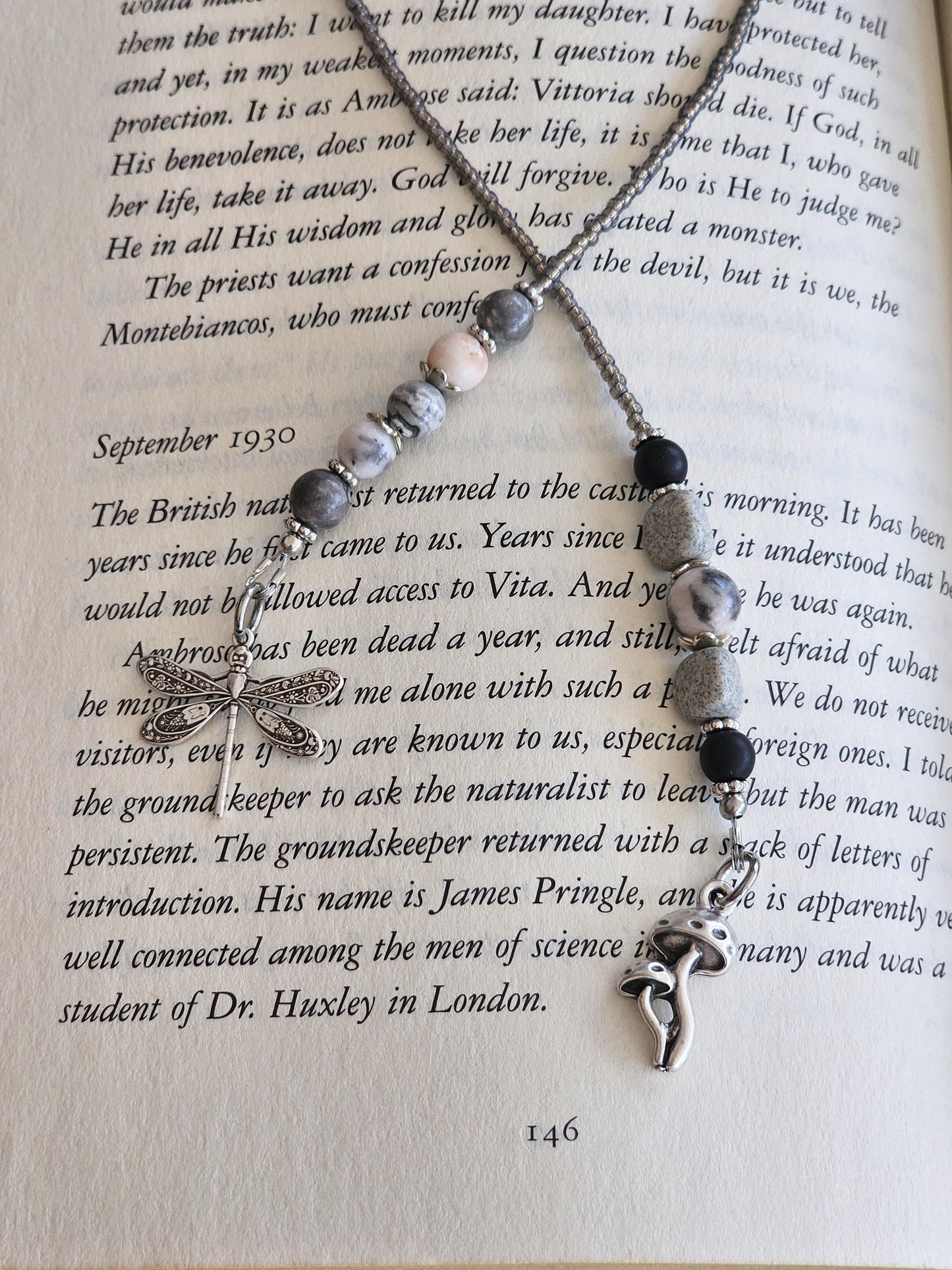 Pink Zebra Jasper Bookmark, Mushroom and Dragonfly Reader Gift