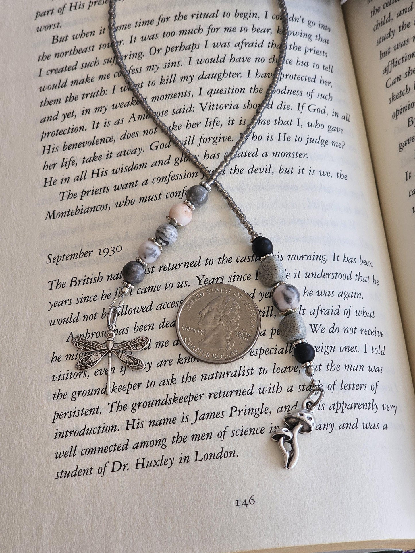 Pink Zebra Jasper Bookmark, Mushroom and Dragonfly Reader Gift