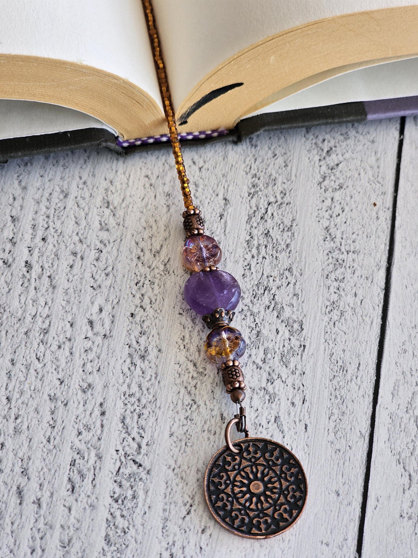 Genuine Amethyst Heart Bookmark, Gemstone Boho Book Thong