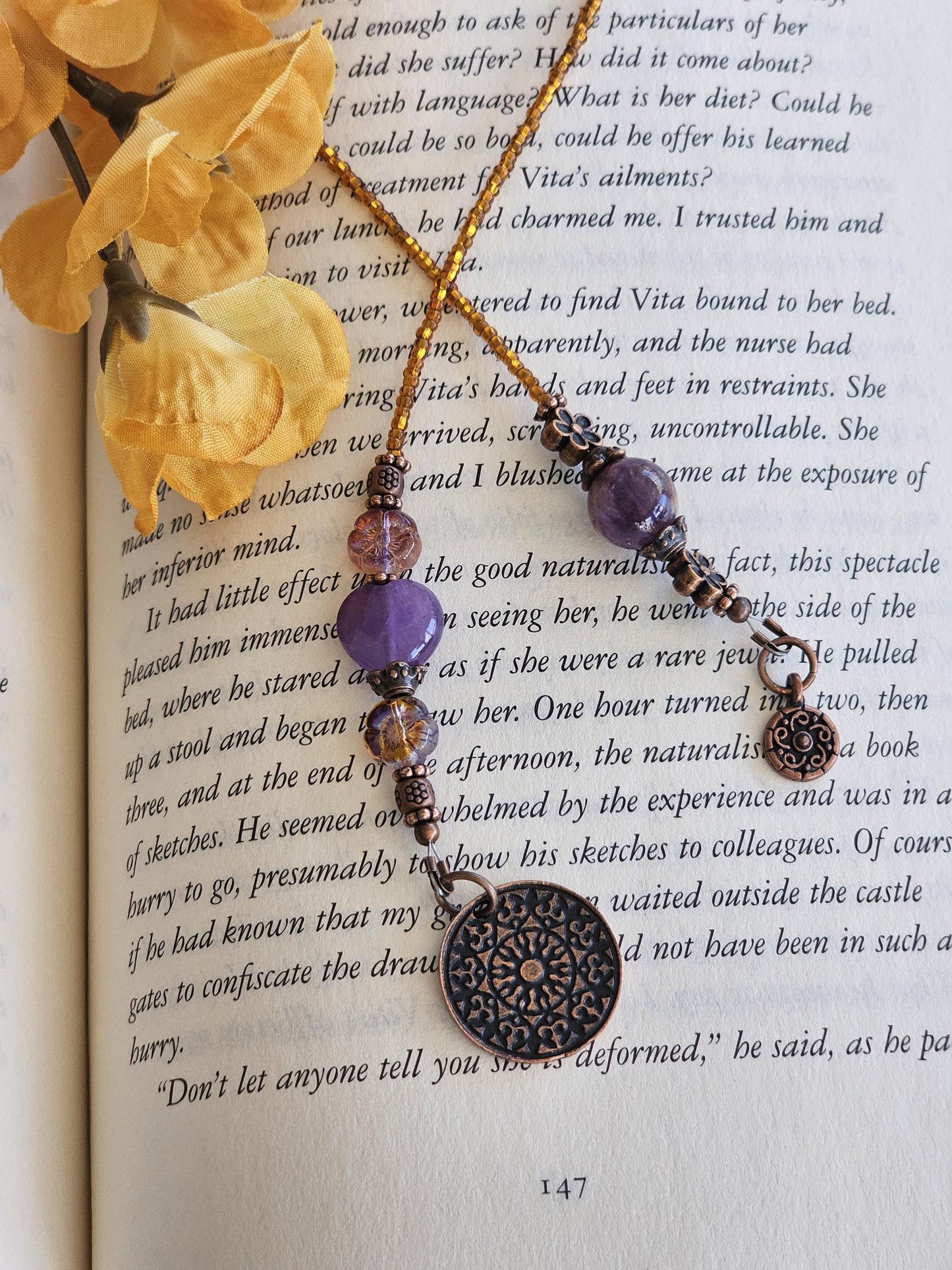 Genuine Amethyst Heart Bookmark, Gemstone Boho Book Thong