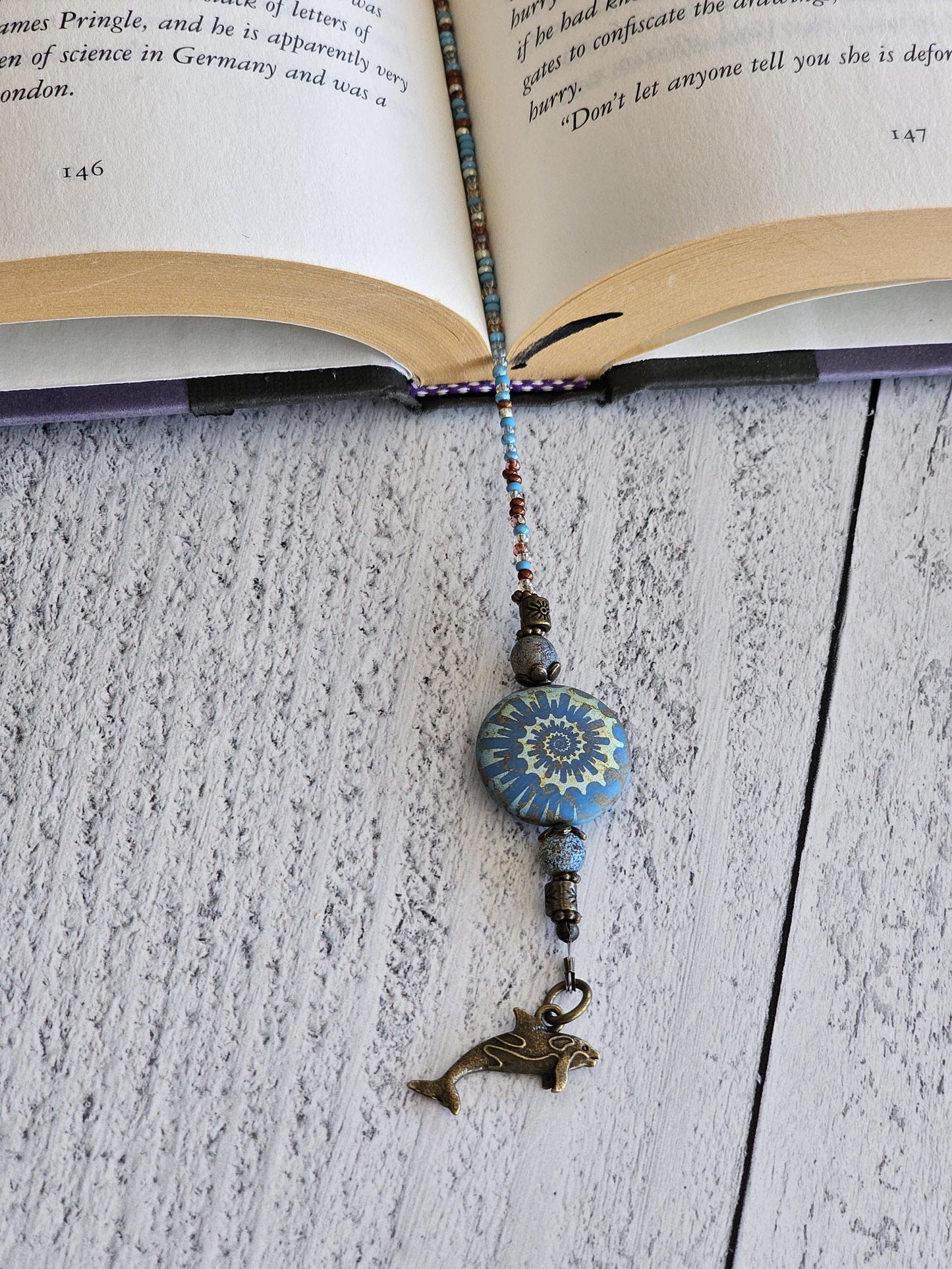 Glass Beaded Ammonite Bookmark, Ancient Ocean Book Thong Reader Gift