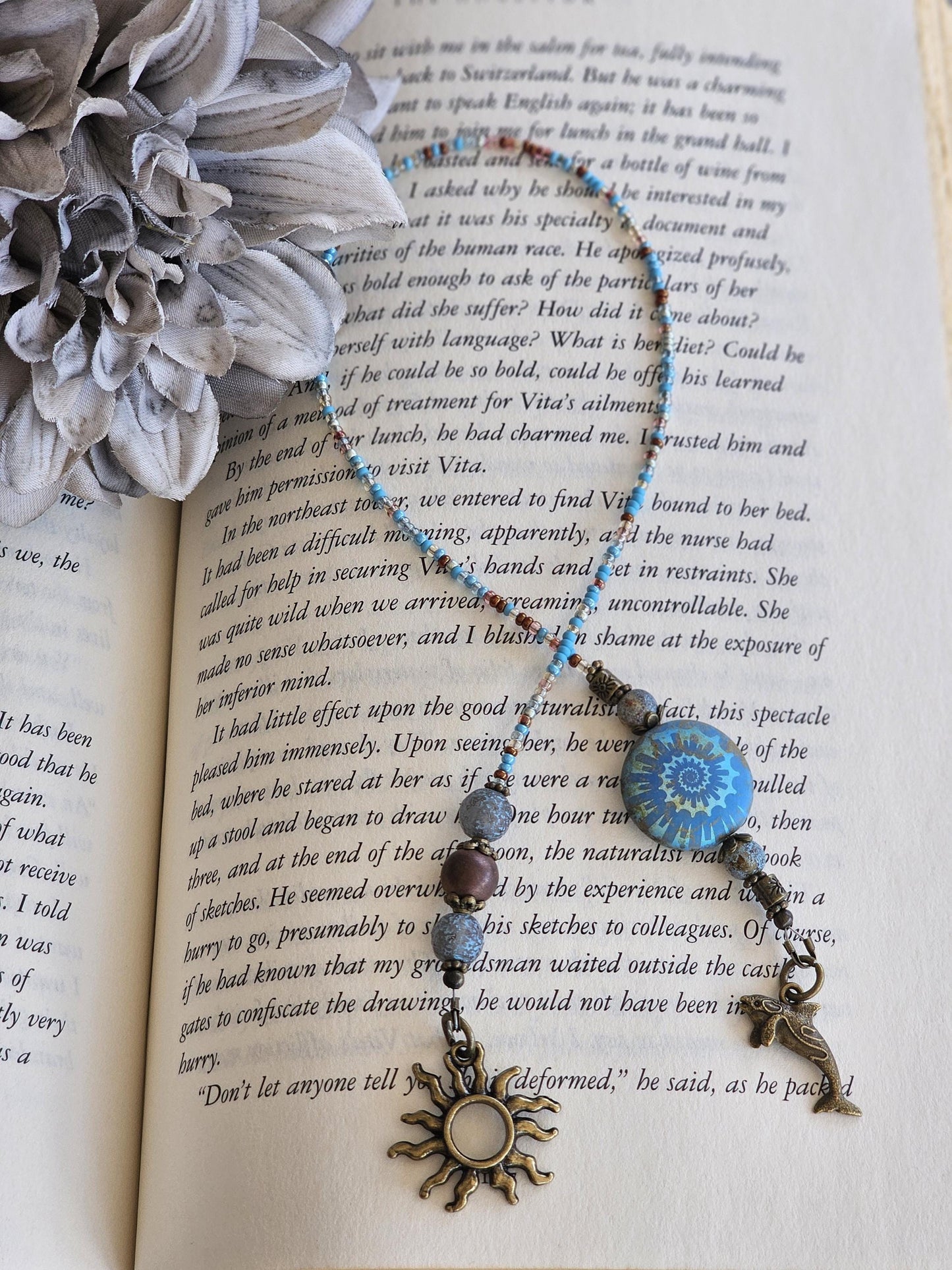 Glass Beaded Ammonite Bookmark, Ancient Ocean Book Thong Reader Gift