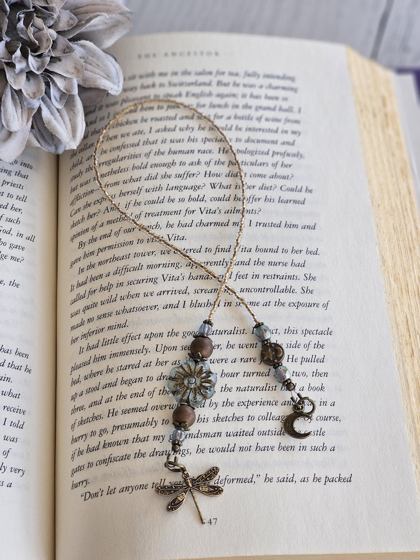 Moon Flower Beaded Bookmark, Nature Themed Reader Gift