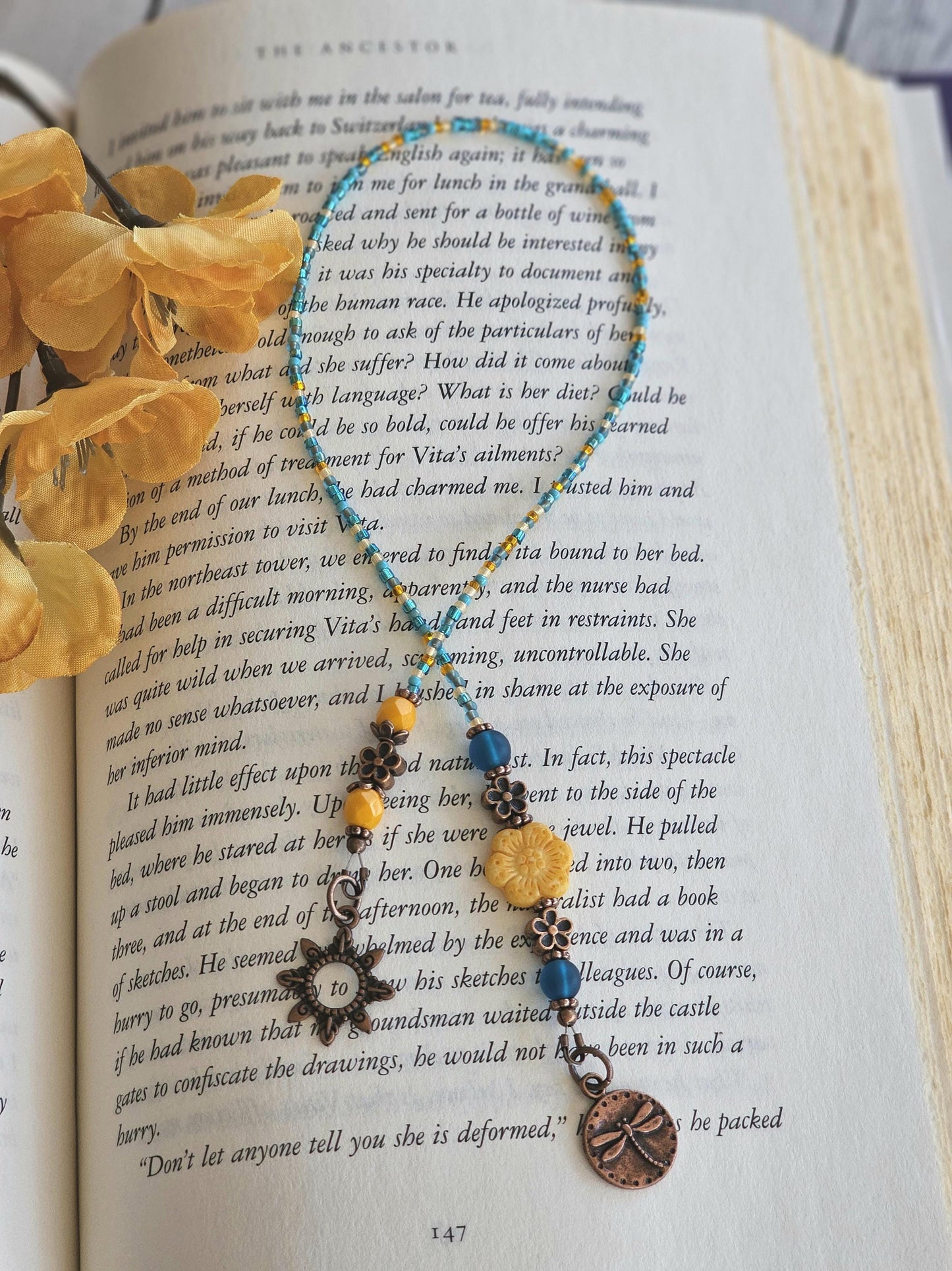 Summer Theme Bookmark, Sun and Dragonfly Book Thong