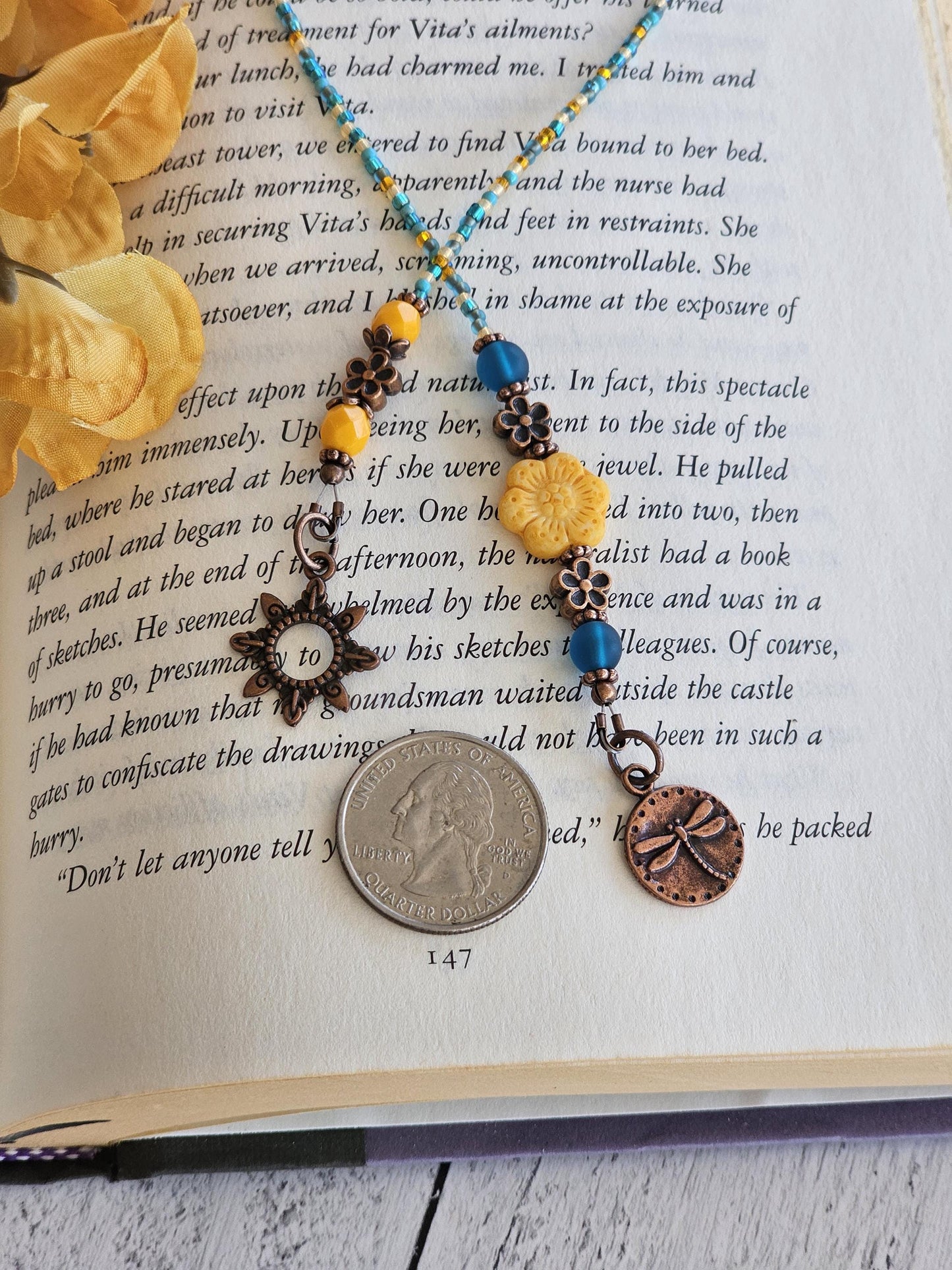 Summer Theme Bookmark, Sun and Dragonfly Book Thong