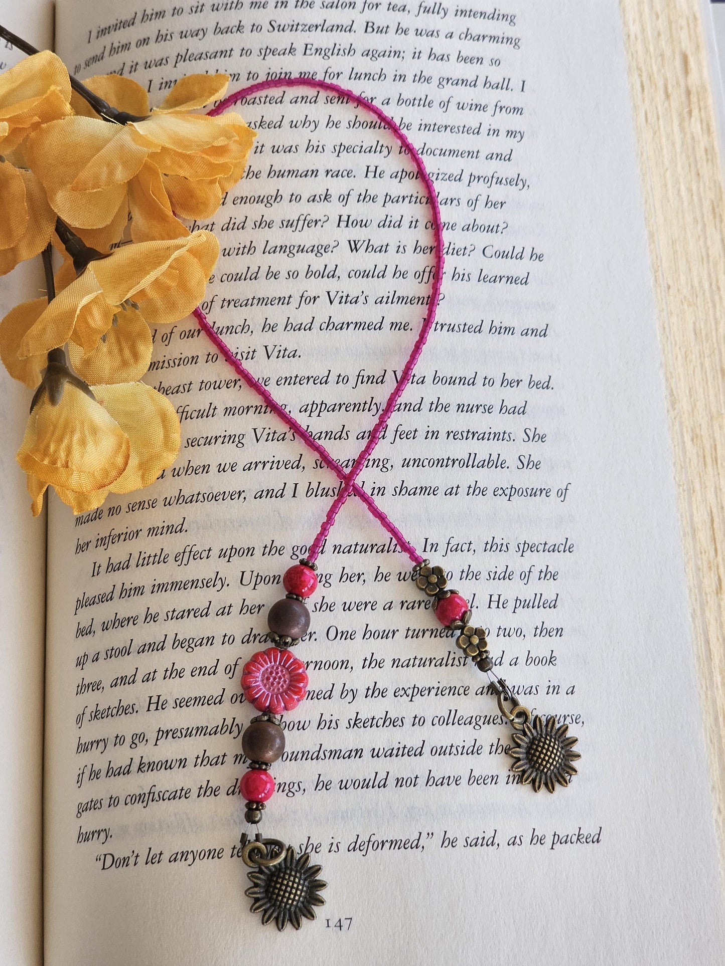 Pink Sunflower Beaded Bookmark, Flower Bookmarker