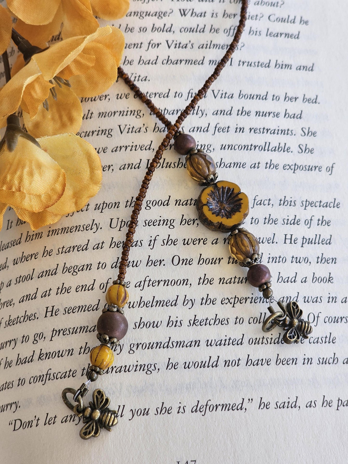 Bee Theme Bookmark Features Czech Flower Bead