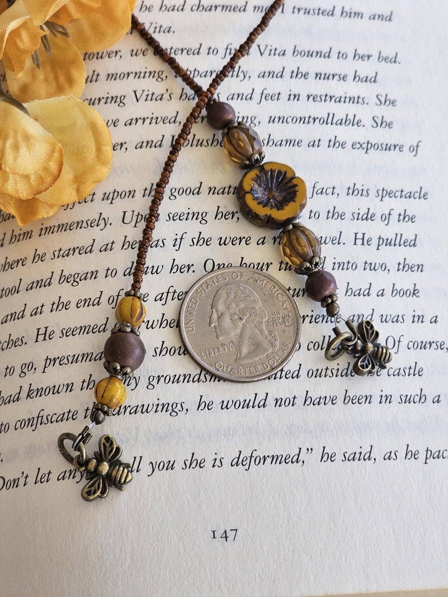 Bee Theme Bookmark Features Czech Flower Bead