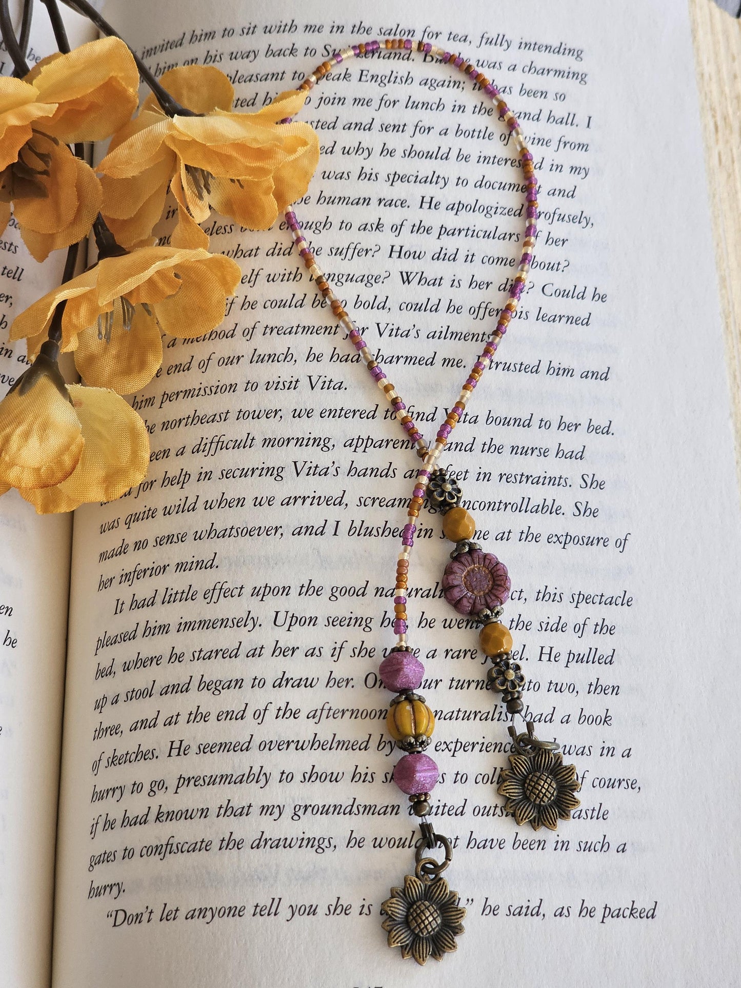 Sunflower Bookmark in Pink and Mustard, Great Reader Gift