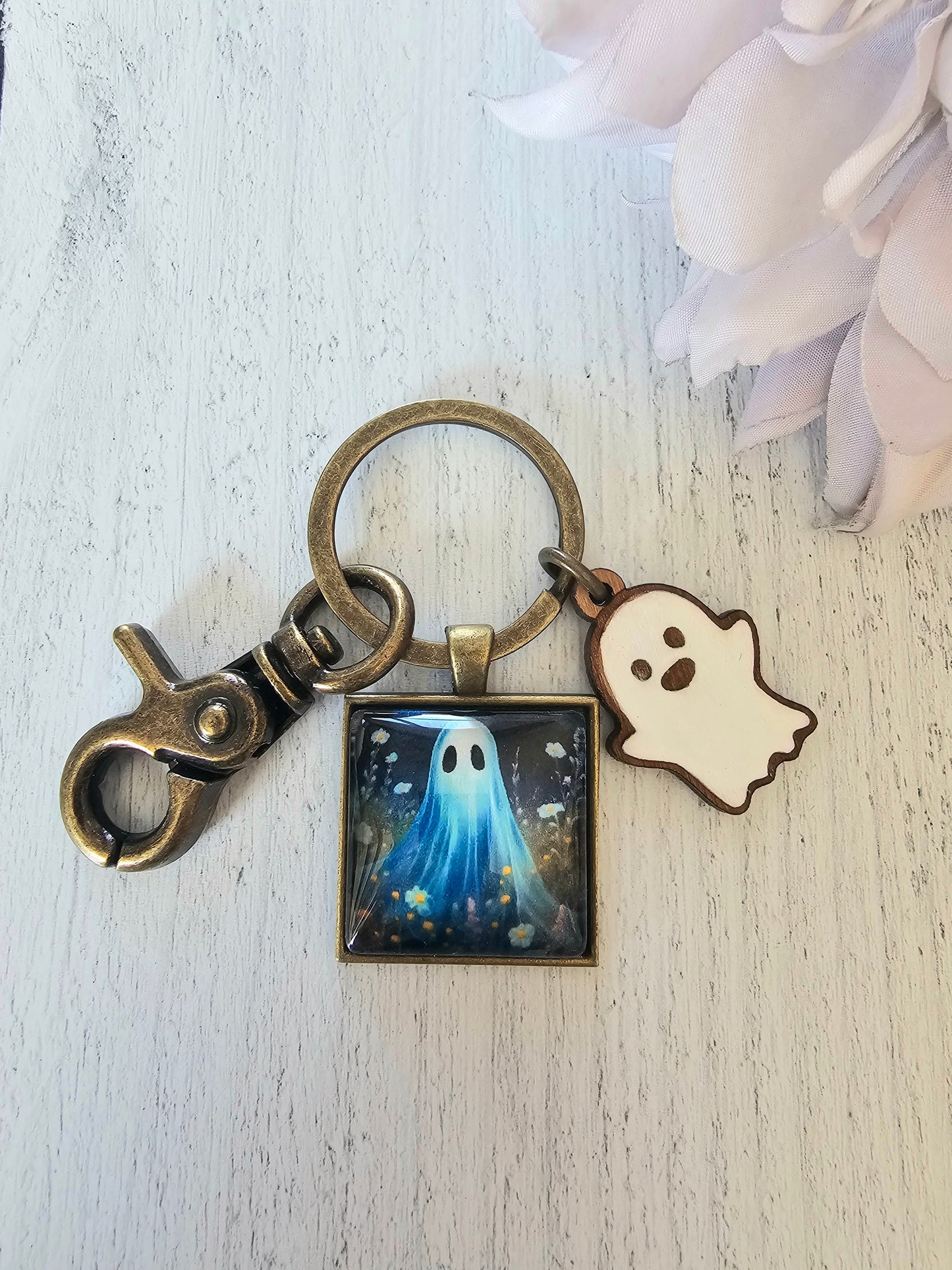 Cute Ghost Keychain with Wooden Ghost Charm
