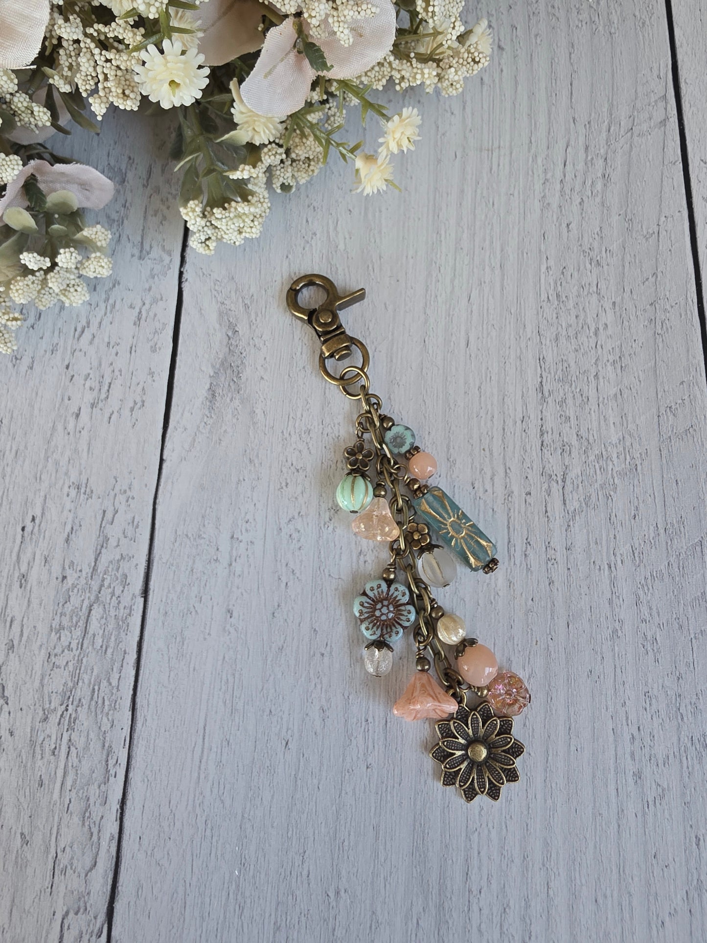 Boho Style Beaded Bag Charm Zipper Pull With  Flower Nature Theme