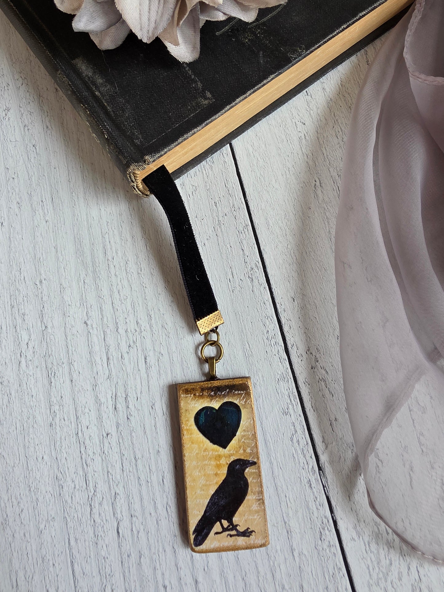 Black Raven Velvet Ribbon Bookmark