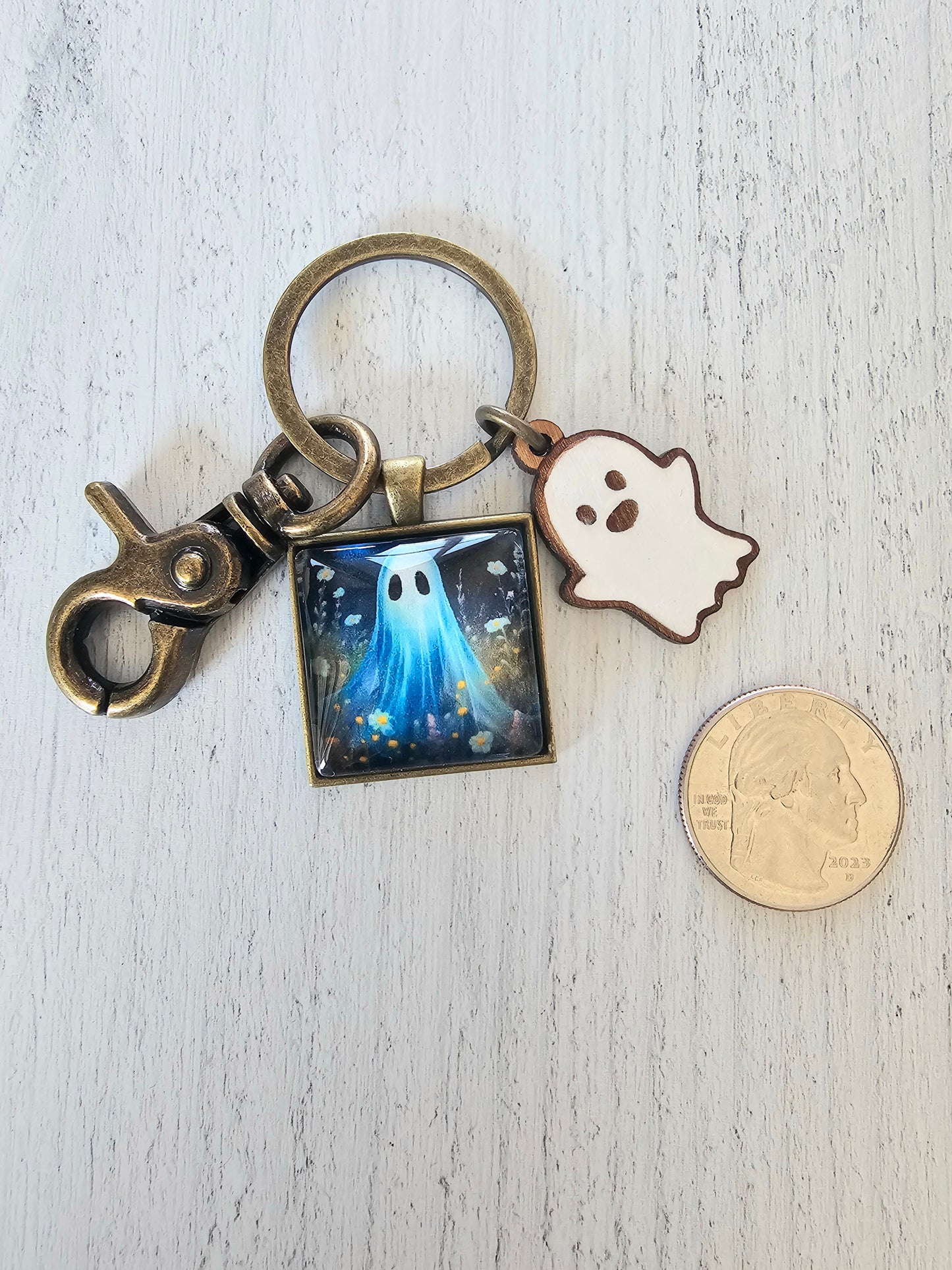 Cute Ghost Keychain with Wooden Ghost Charm