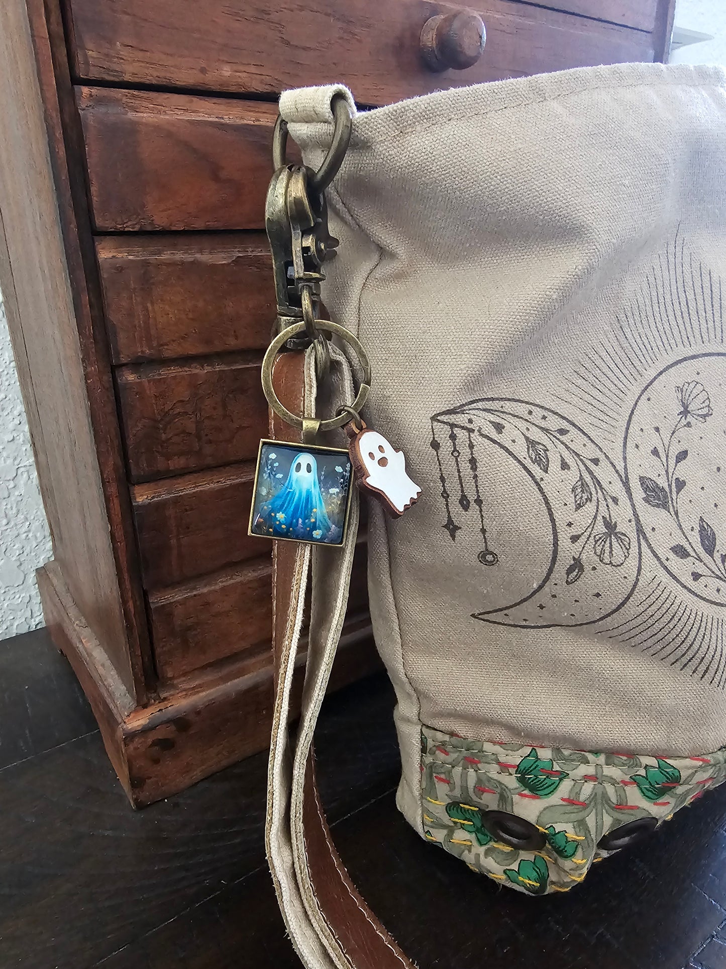 Cute Ghost Keychain with Wooden Ghost Charm