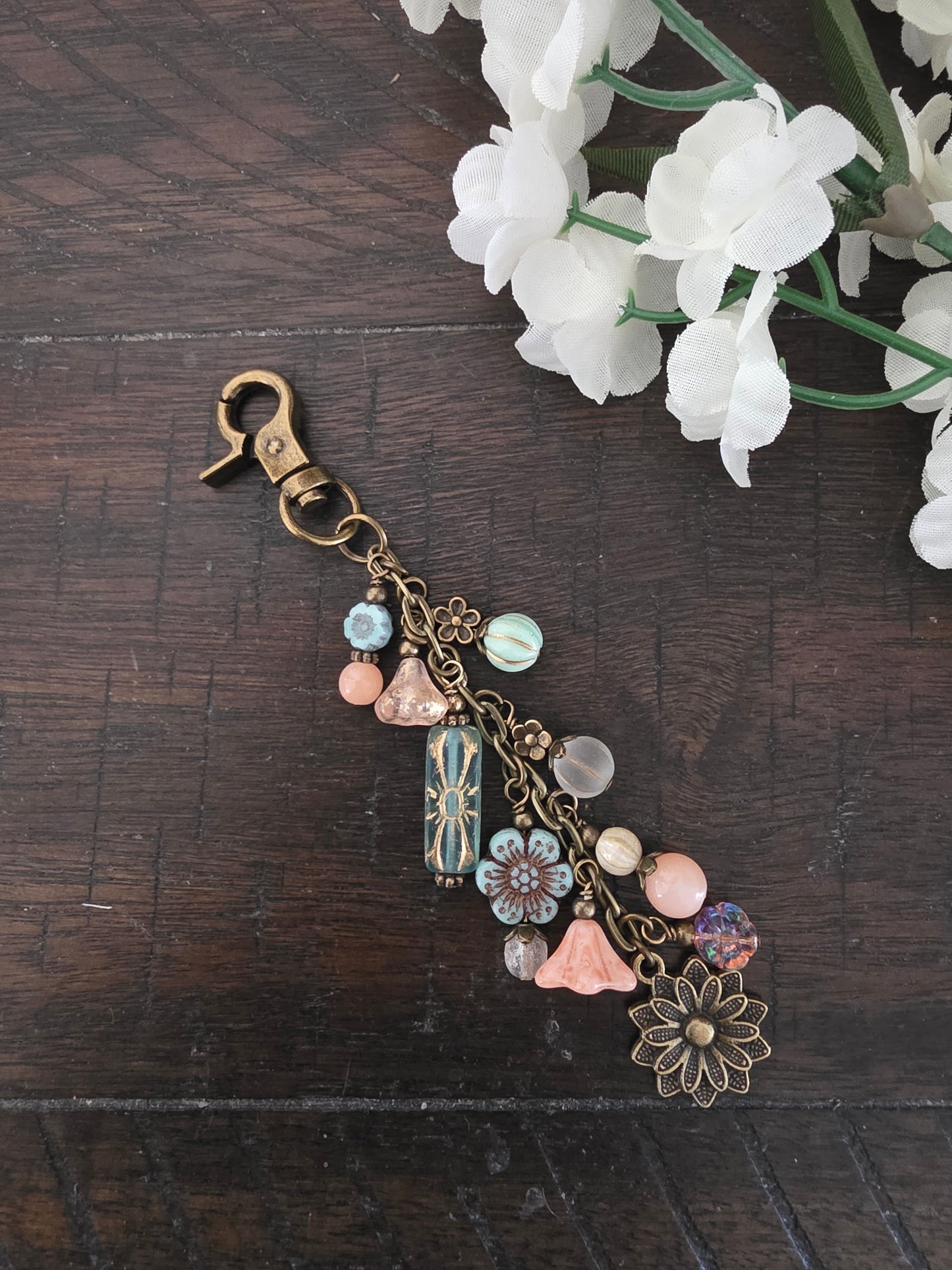 Boho Style Beaded Bag Charm Zipper Pull With  Flower Nature Theme