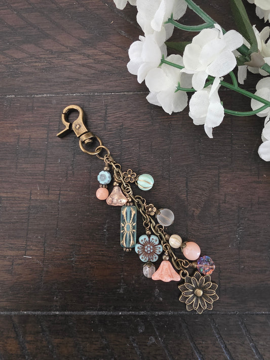 Boho Style Beaded Bag Charm Zipper Pull With  Flower Nature Theme