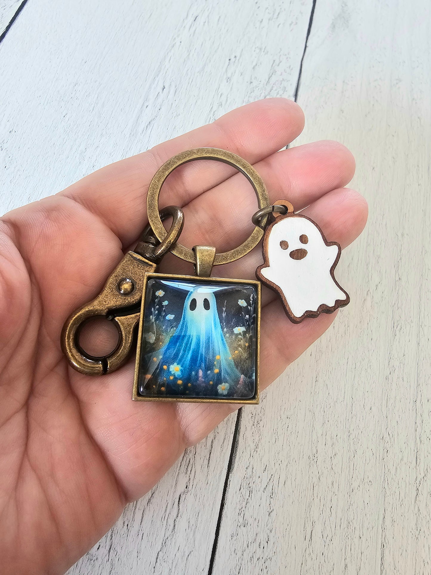 Cute Ghost Keychain with Wooden Ghost Charm
