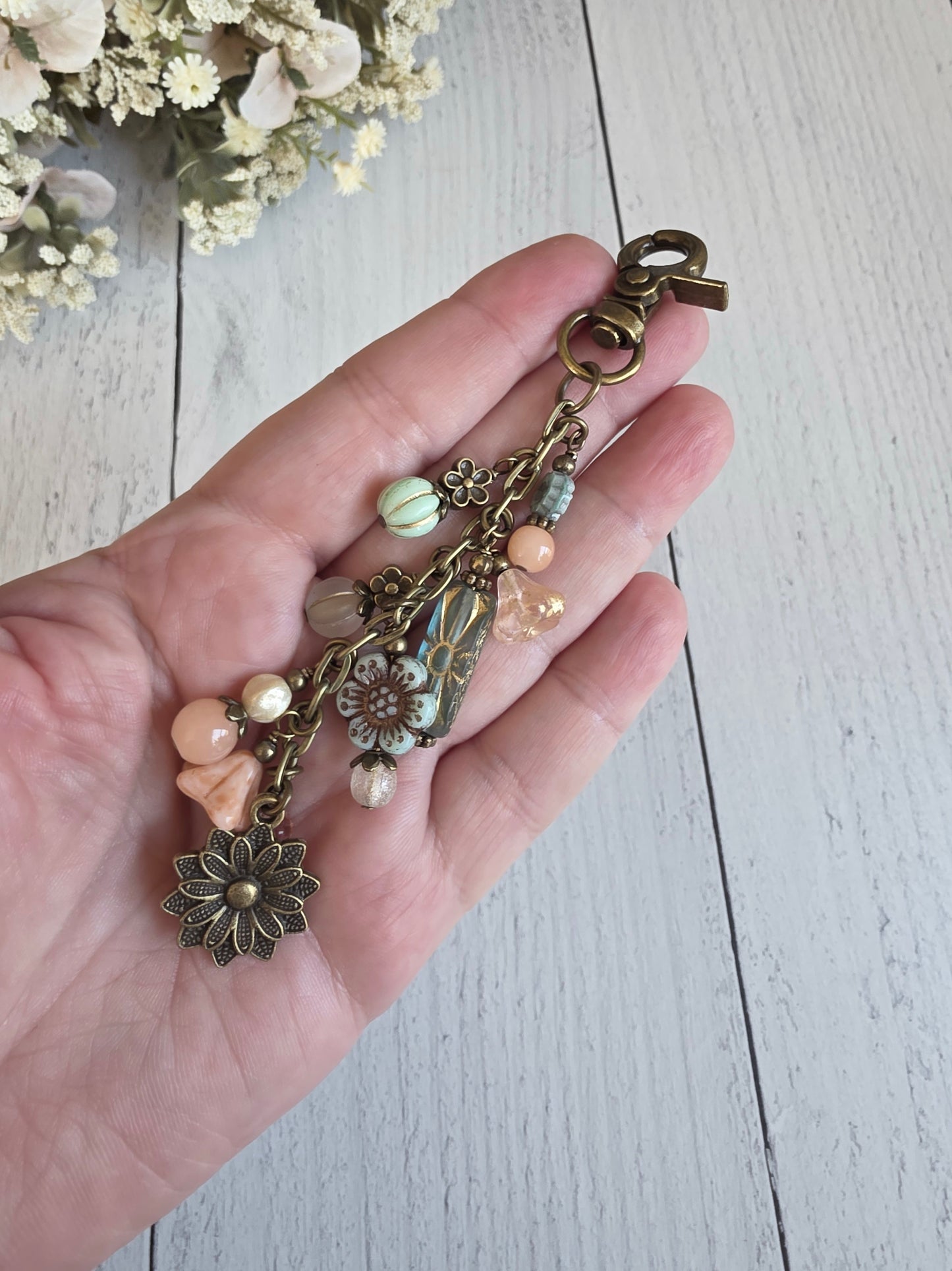 Boho Style Beaded Bag Charm Zipper Pull With  Flower Nature Theme