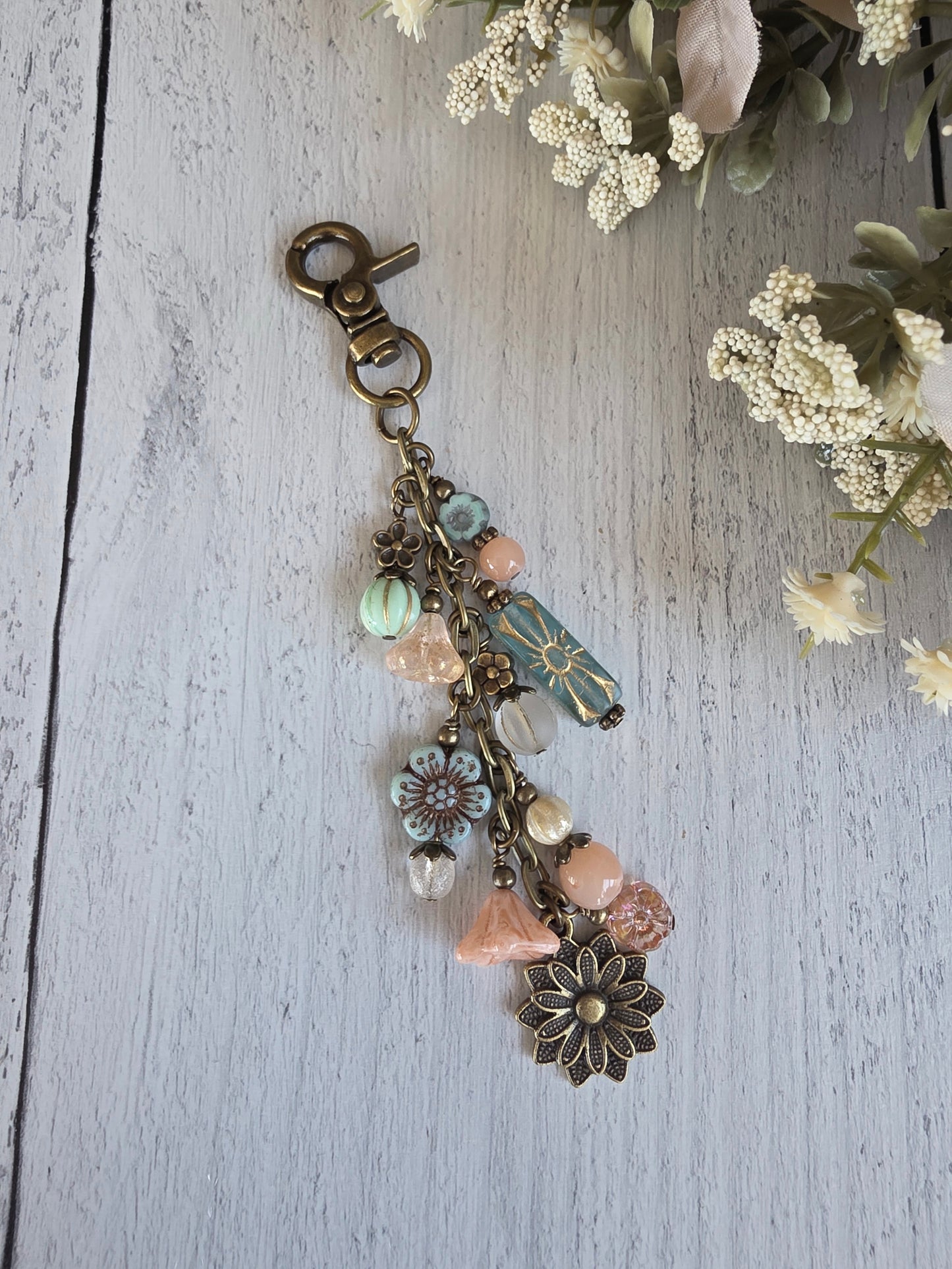 Boho Style Beaded Bag Charm Zipper Pull With  Flower Nature Theme