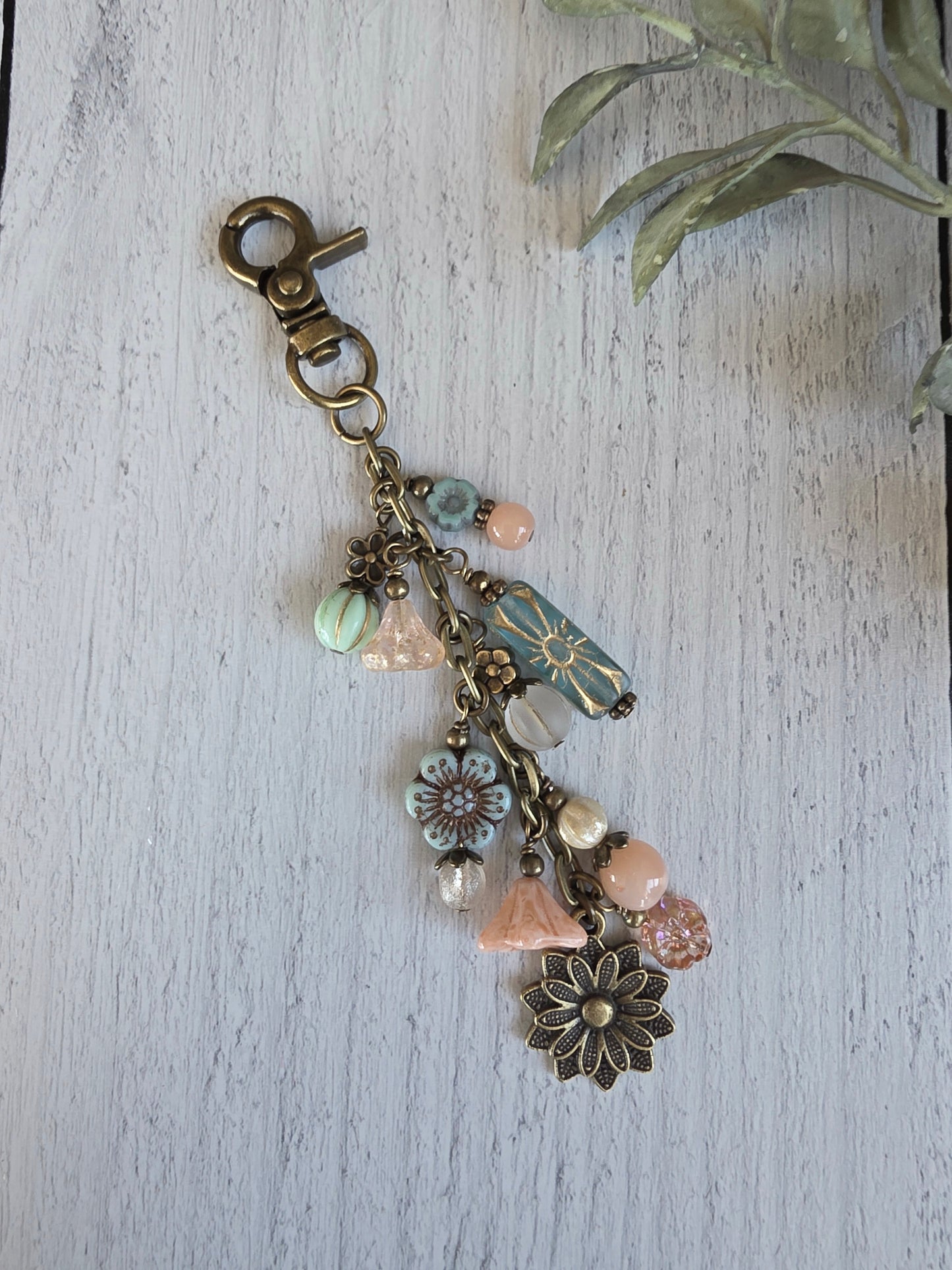 Boho Style Beaded Bag Charm Zipper Pull With  Flower Nature Theme