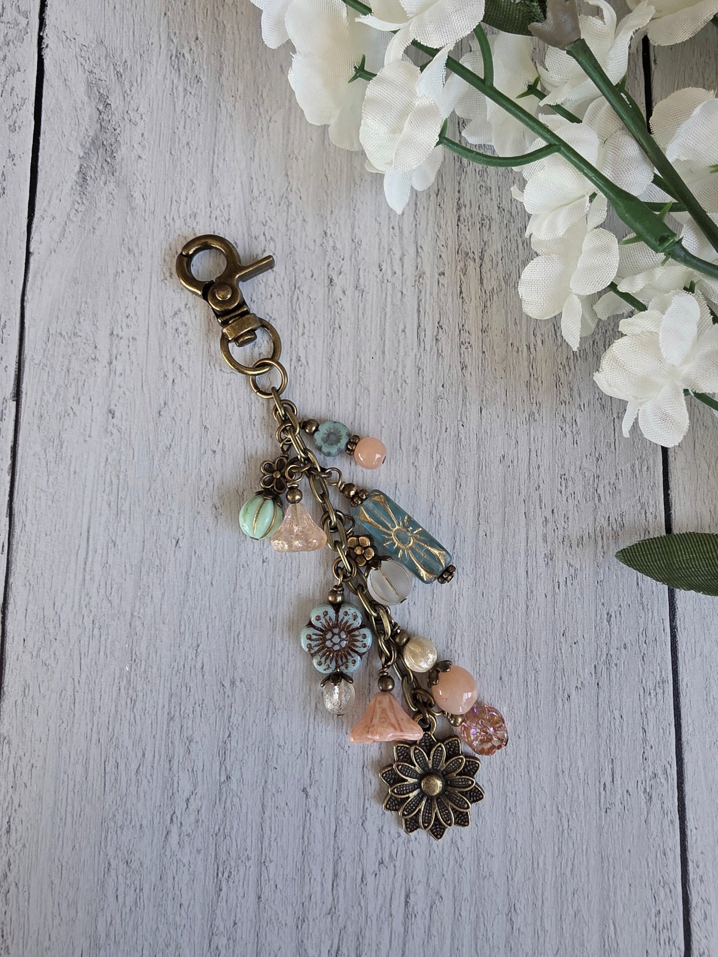Boho Style Beaded Bag Charm Zipper Pull With  Flower Nature Theme