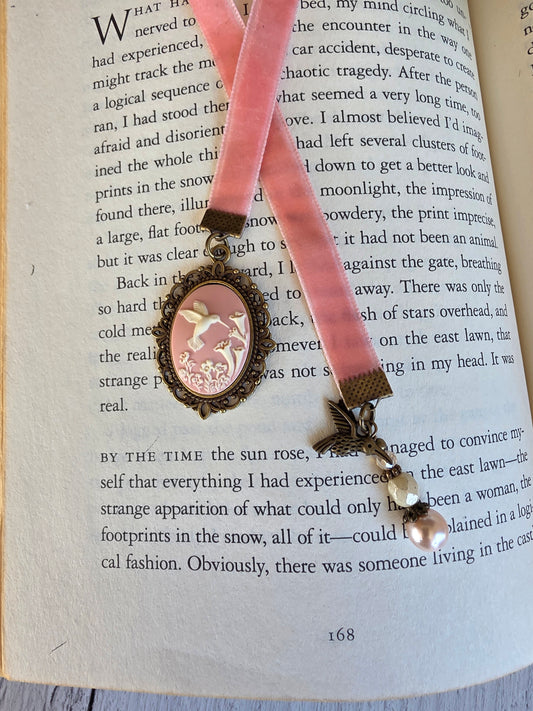 Hummingbird Cameo Bookmark, Vintage Style Velvet Bookmarker, Victorian Style Reader Gift