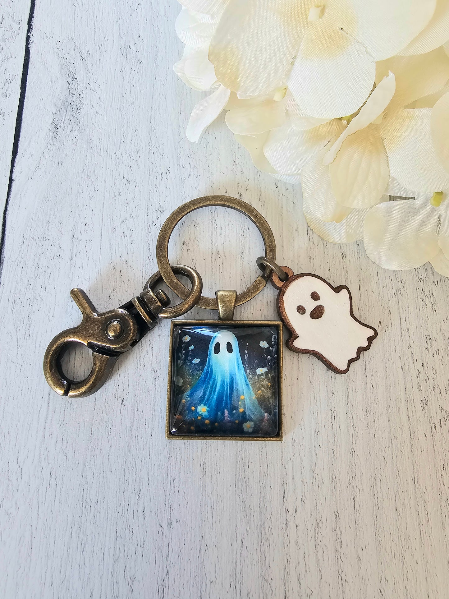 Cute Ghost Keychain with Wooden Ghost Charm