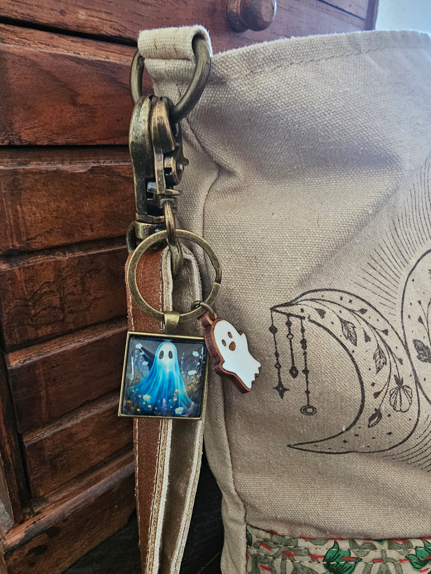 Cute Ghost Keychain with Wooden Ghost Charm