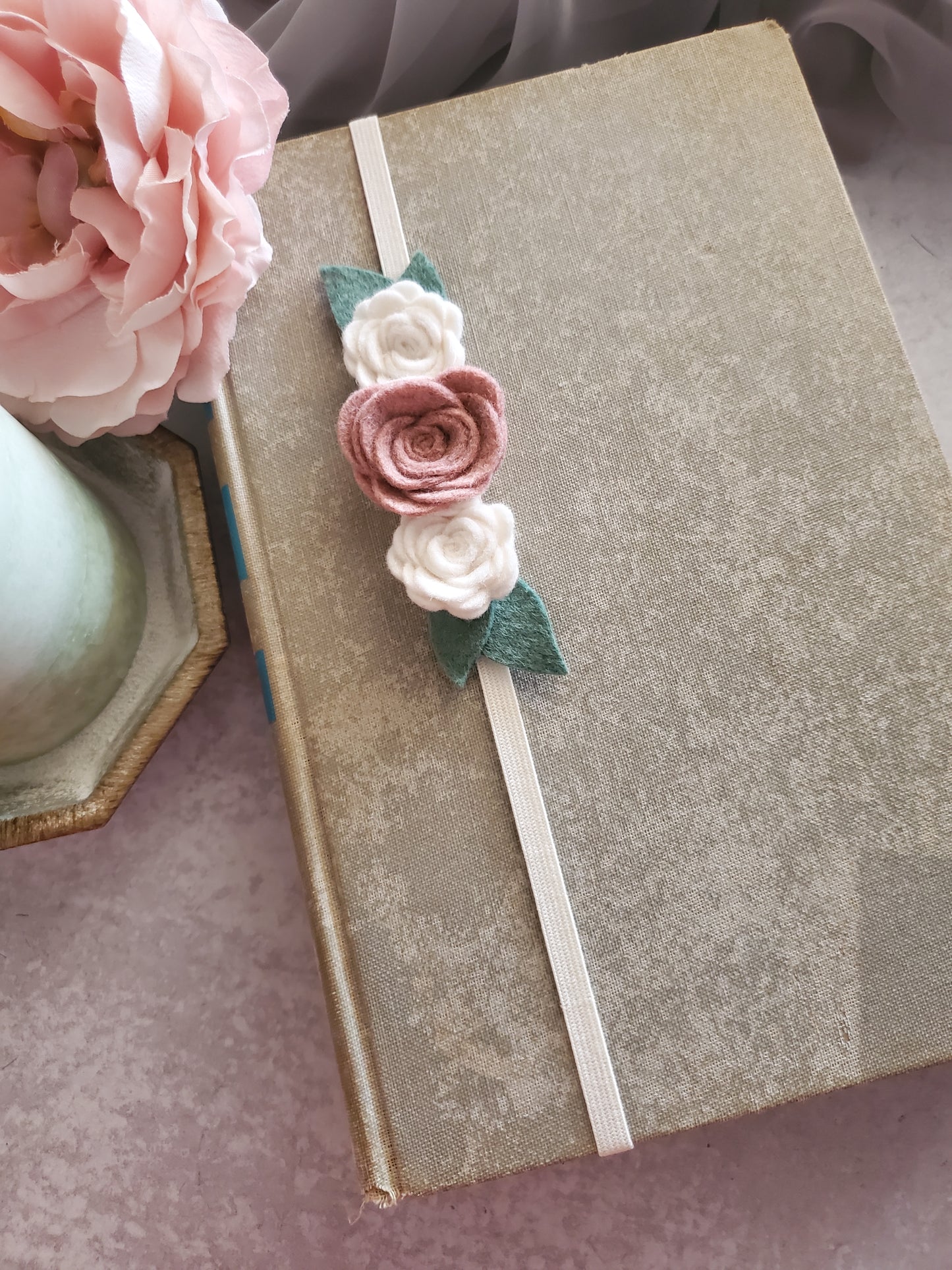 Pink and Cream Felt Flower Book Band Bookmark