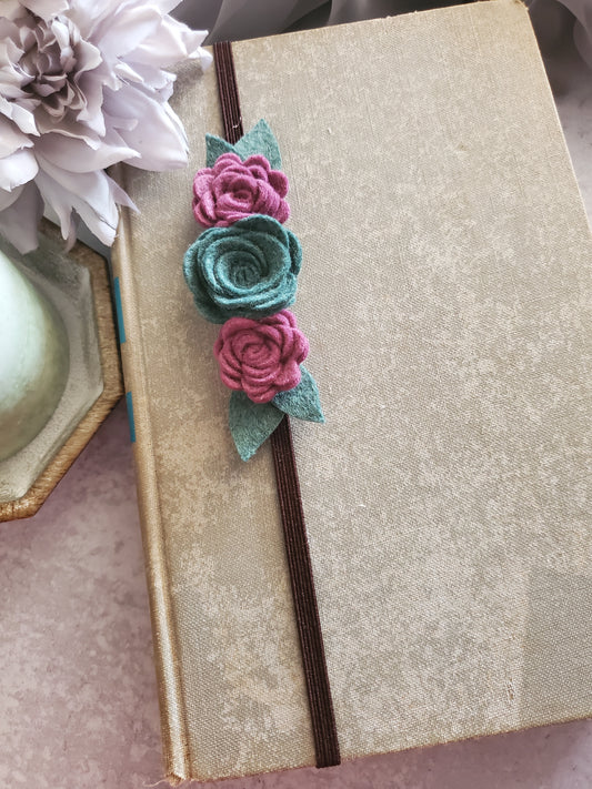 Mulberry and Green Felt Flower Book Band Bookmark
