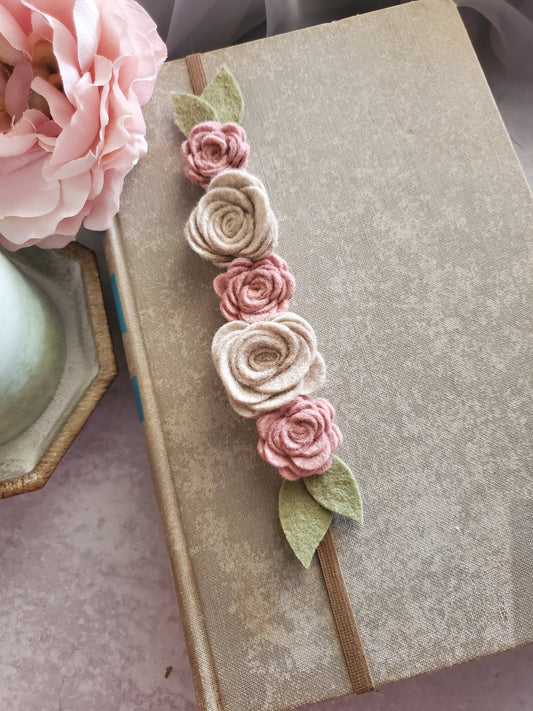 Tan and Pink Felt Flower Book Band Bookmark