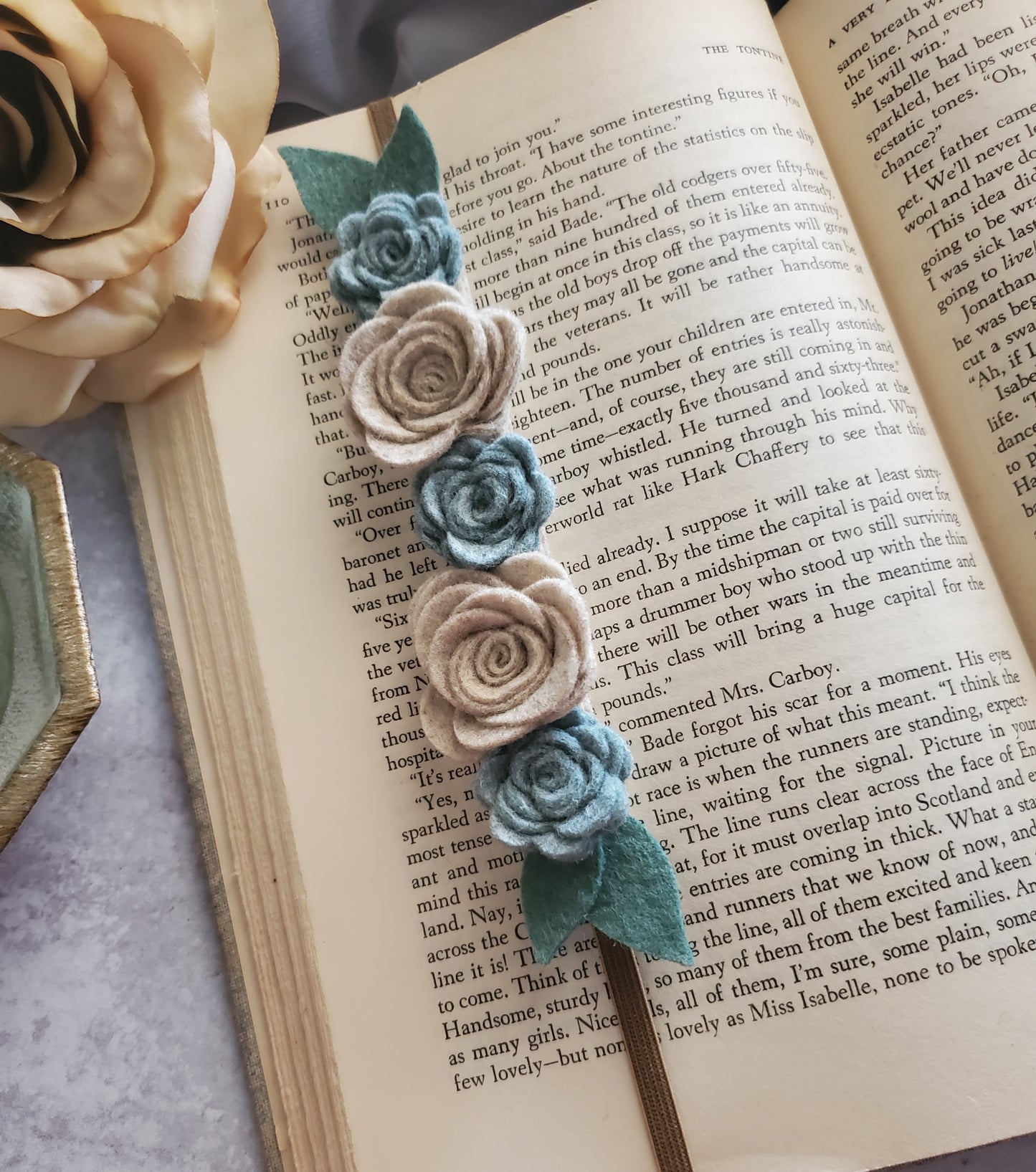 Tan and Blue Felt Flower Book Band Bookmark