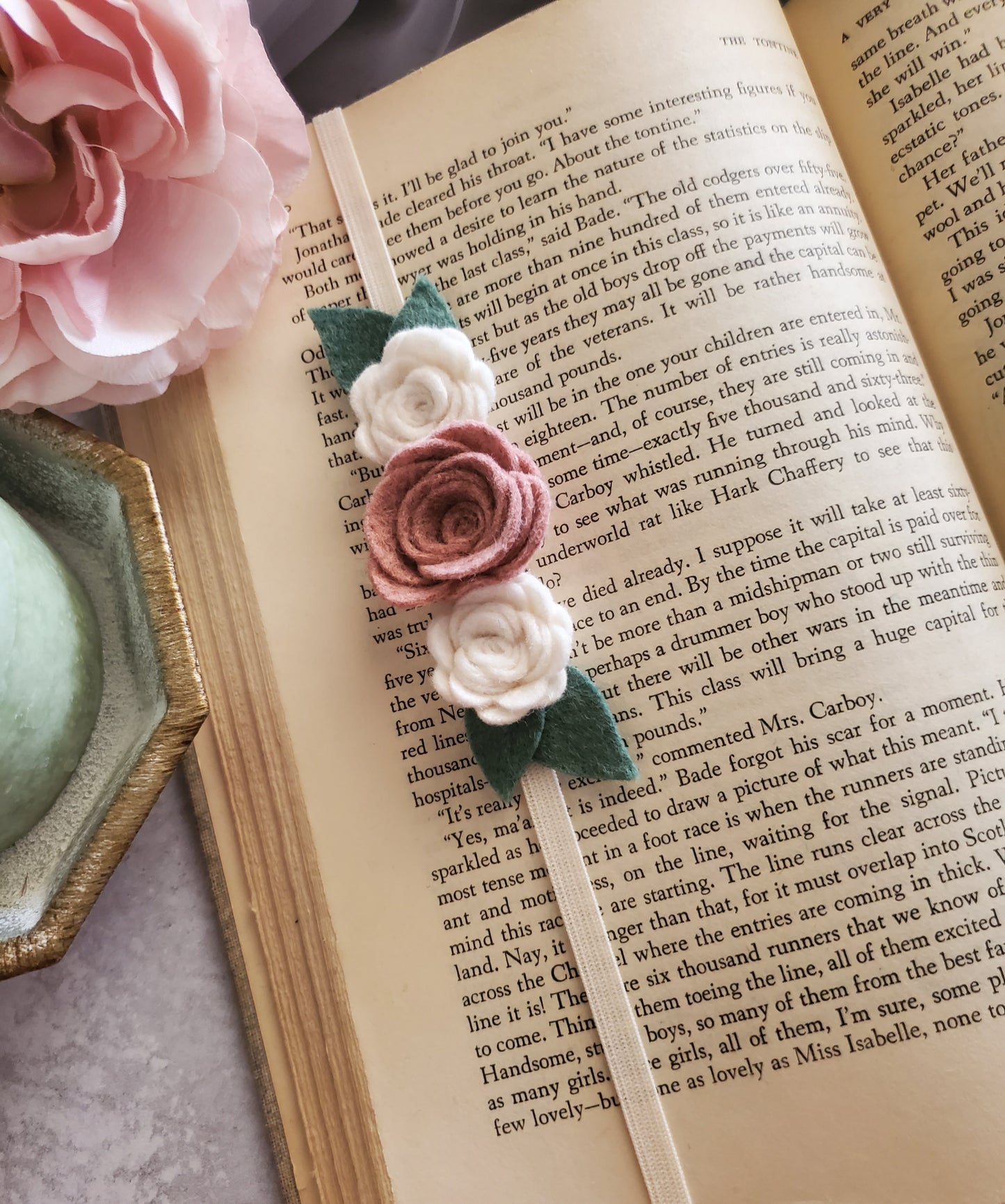 Pink and Cream Felt Flower Book Band Bookmark