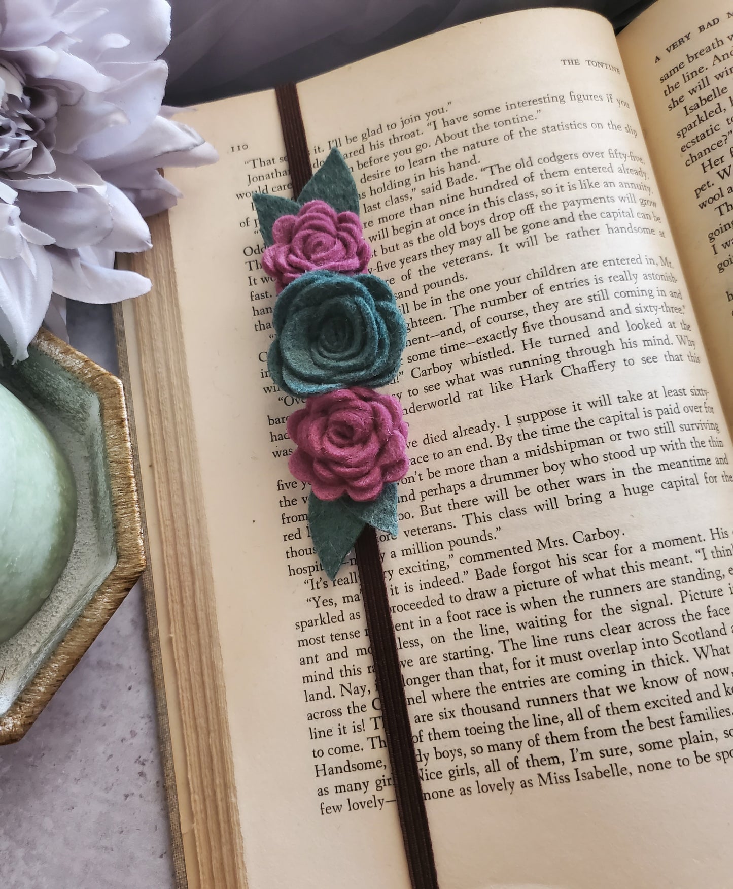 Mulberry and Green Felt Flower Book Band Bookmark