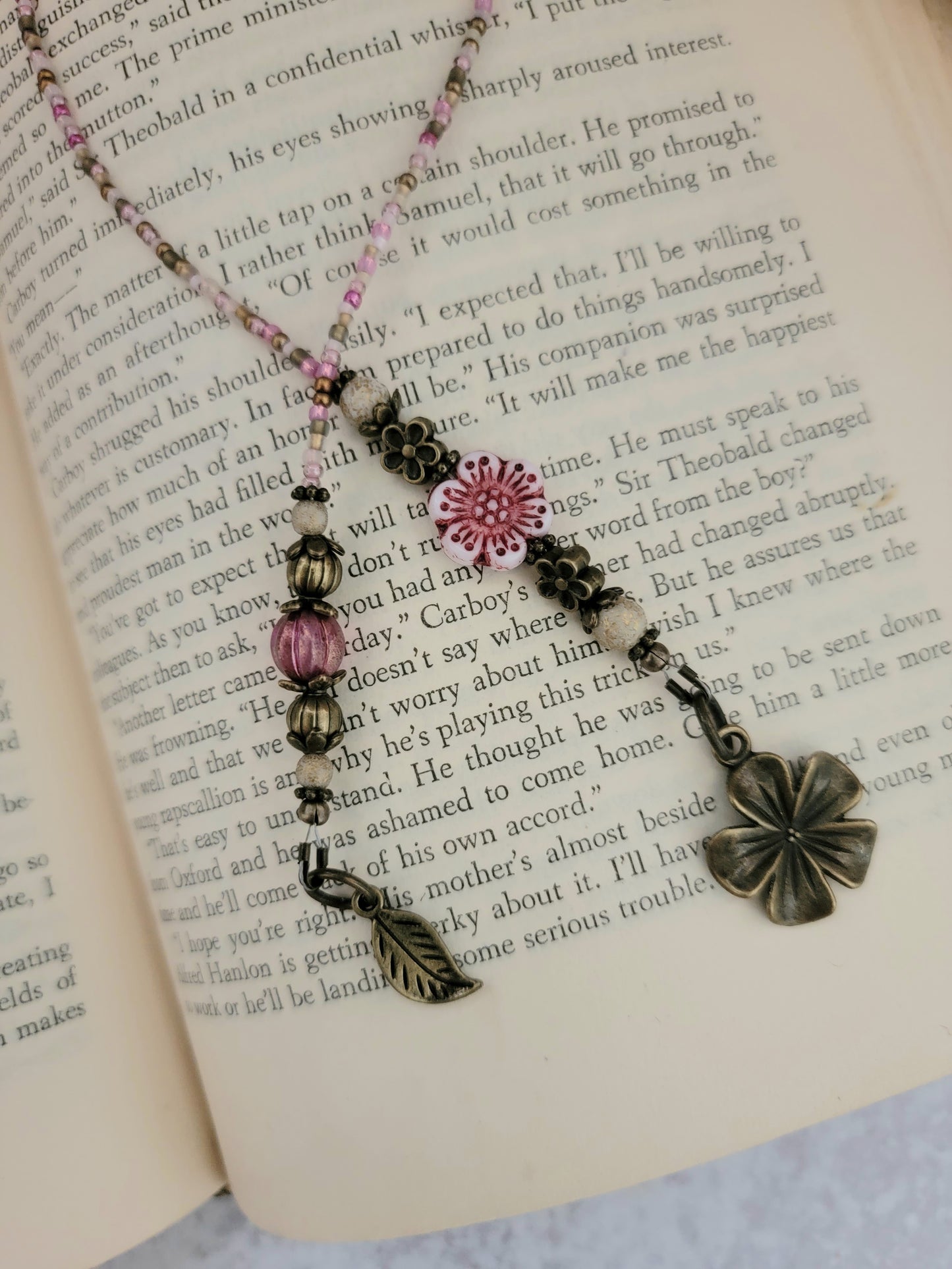 Boho Pink Flower Beaded Bookmark